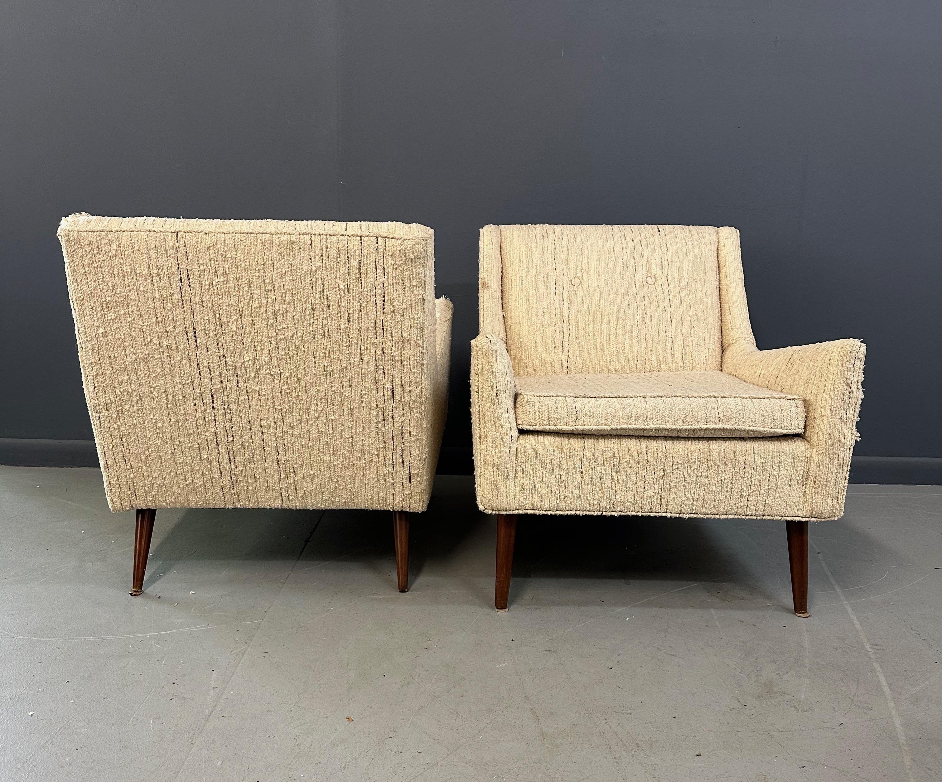 Upholstery Pair of Early Milo Baughman Style Mid Century Armchairs with Walnut Legs