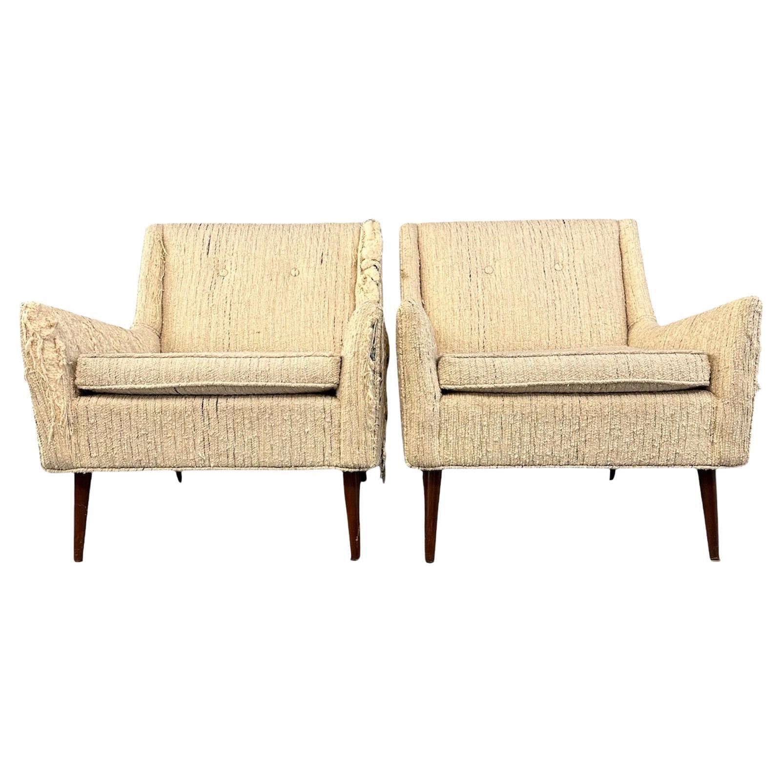 Pair of Early Milo Baughman Style Mid Century Armchairs with Walnut Legs