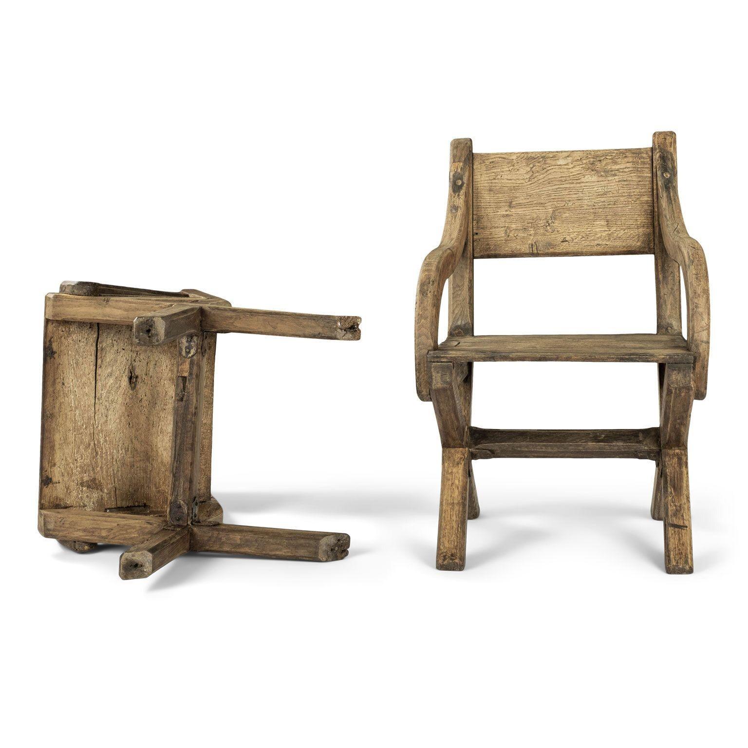 18th Century and Earlier Pair of Early Oak X-frame Armchairs