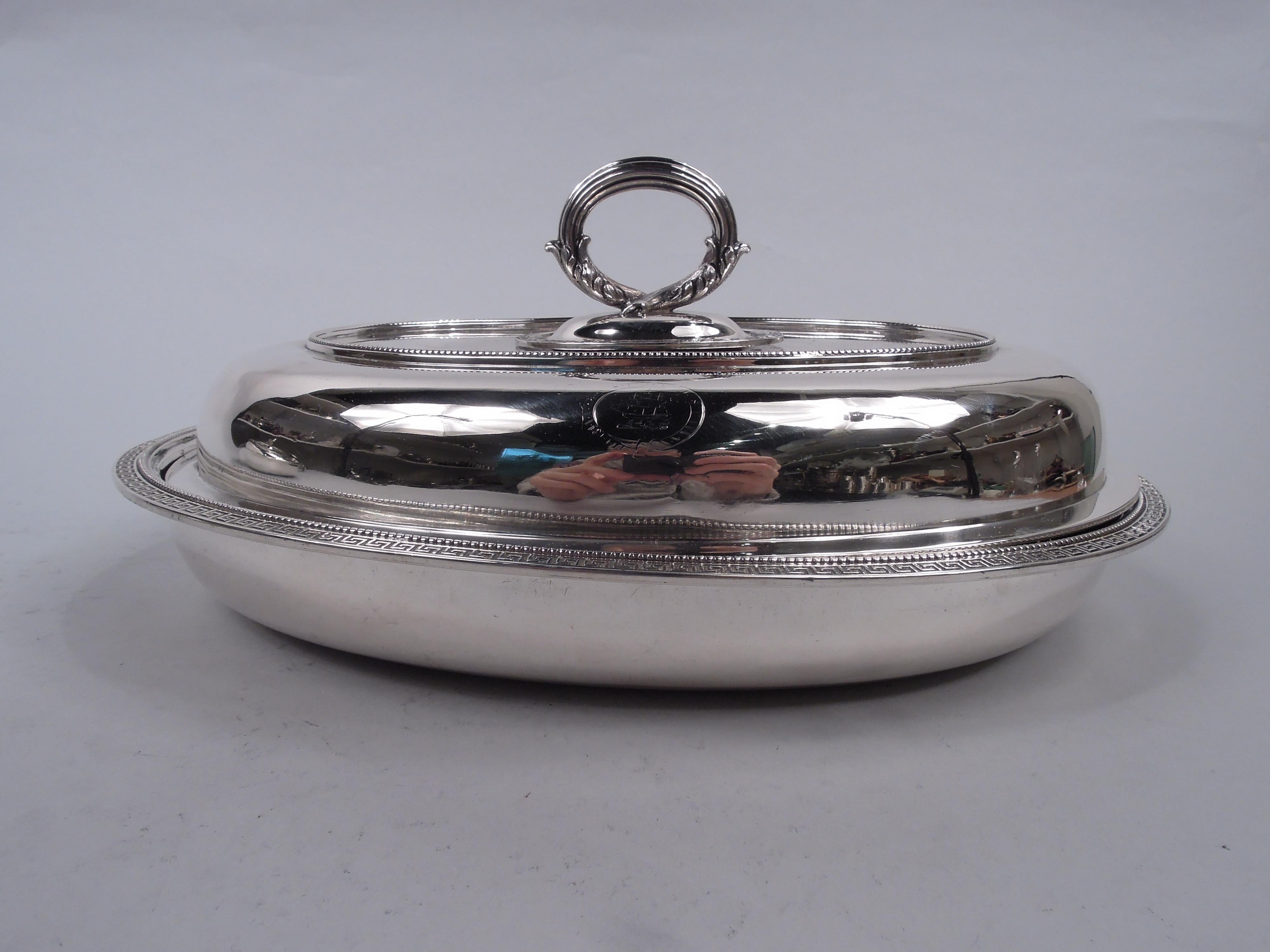 Greek Revival Pair of Early Tiffany Etruscan Sterling Silver Covered Serving Dishes For Sale