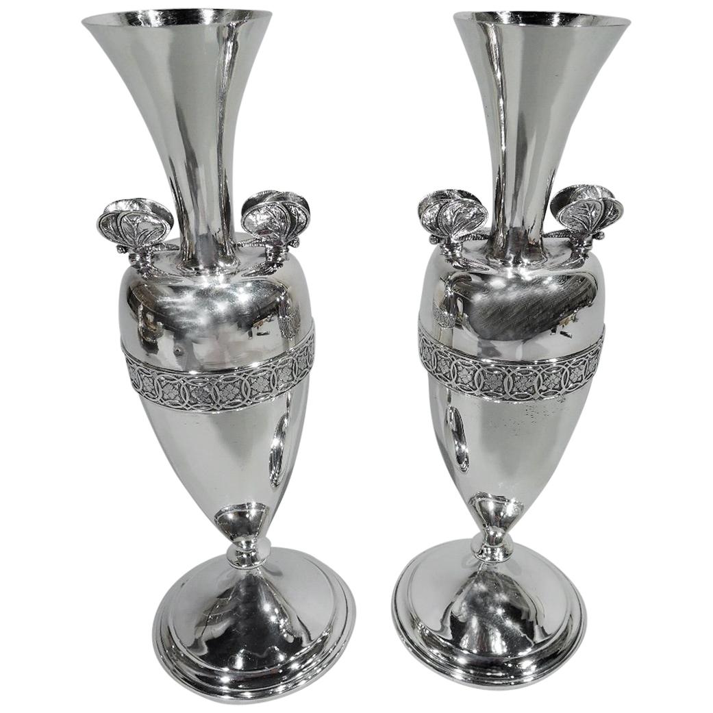 Pair of Early Tiffany Sterling Silver Greek Amphora Butterfly Vases