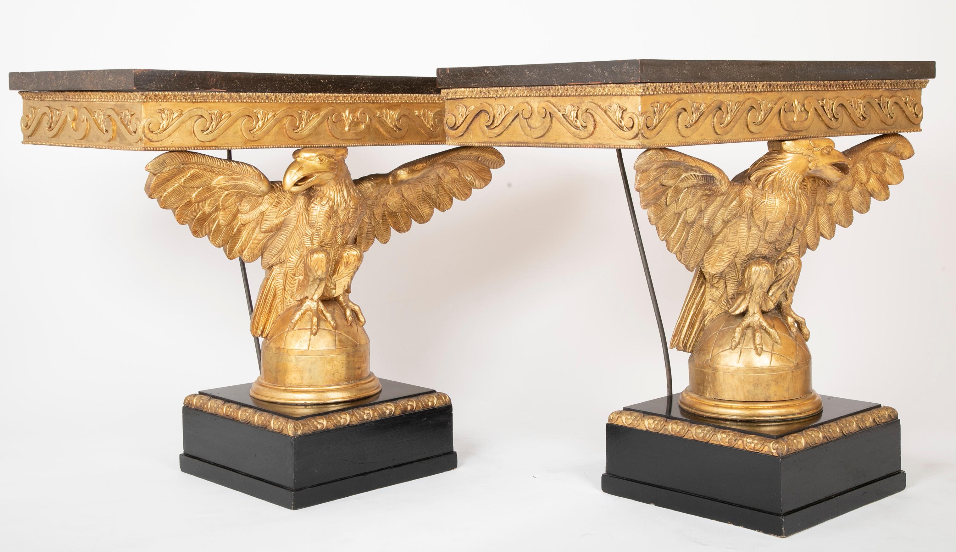 George II Pair of Early to Mid-19th Century Giltwood Eagle Console Tables