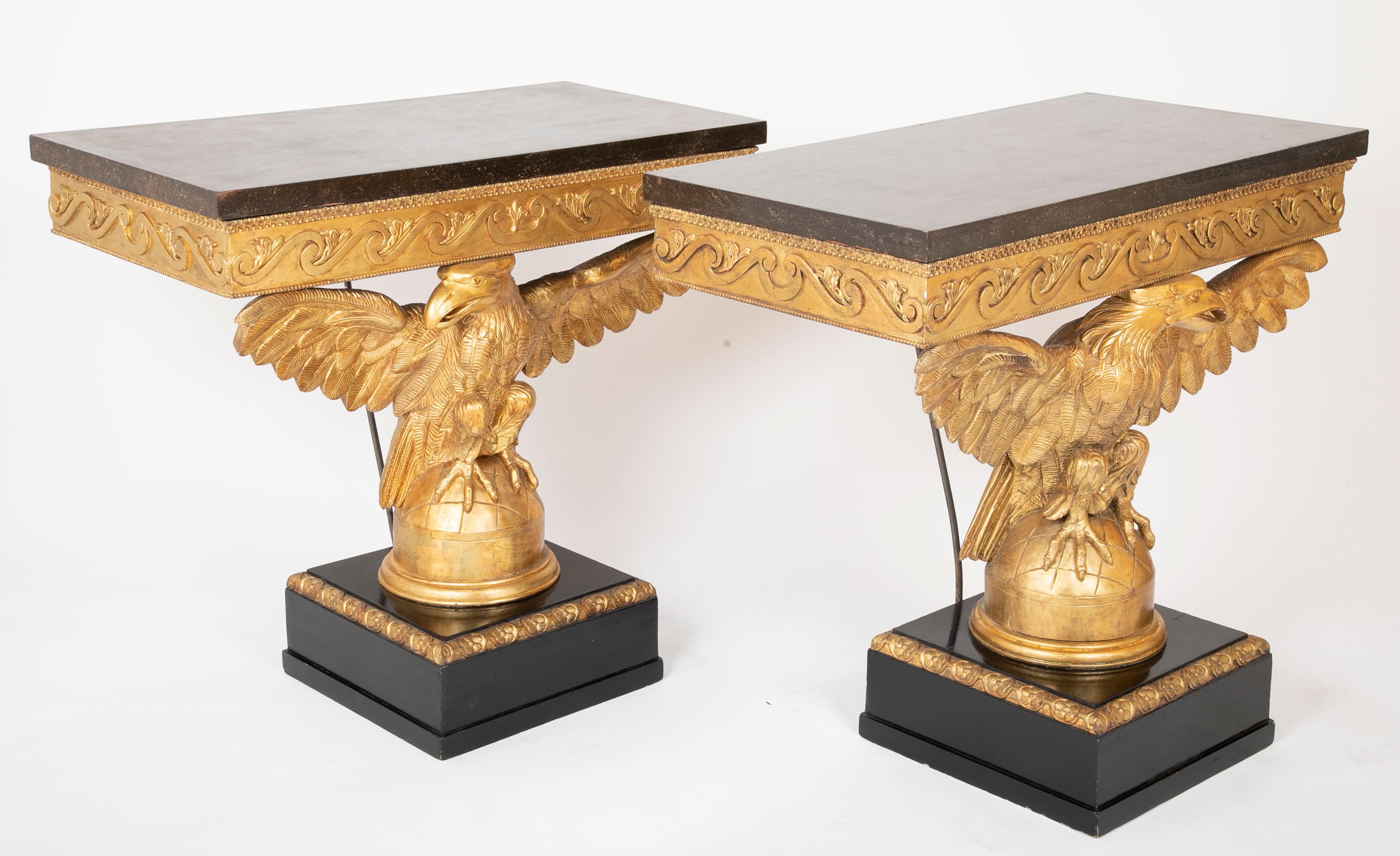 English Pair of Early to Mid-19th Century Giltwood Eagle Console Tables