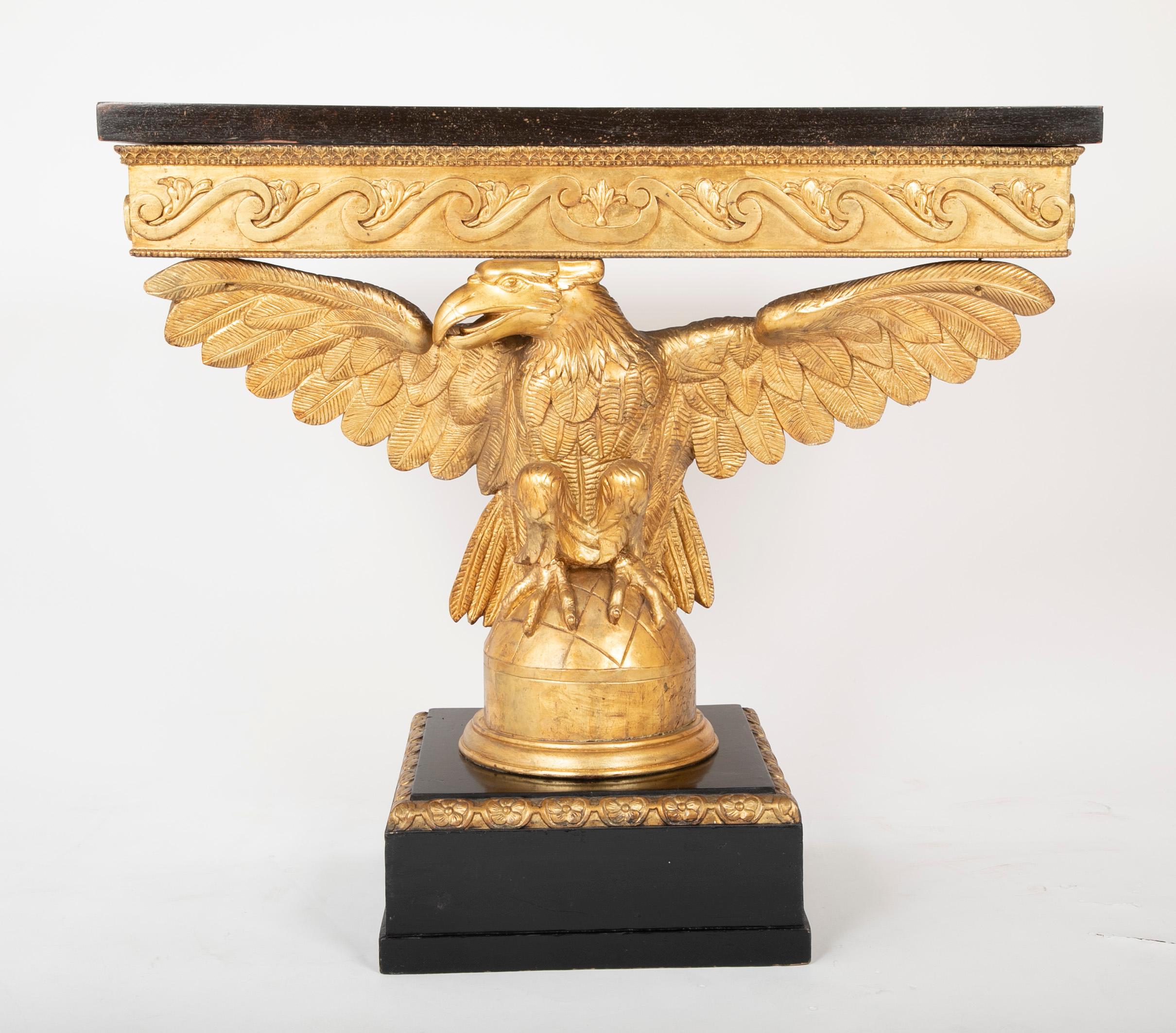 Pair of Early to Mid-19th Century Giltwood Eagle Console Tables 1