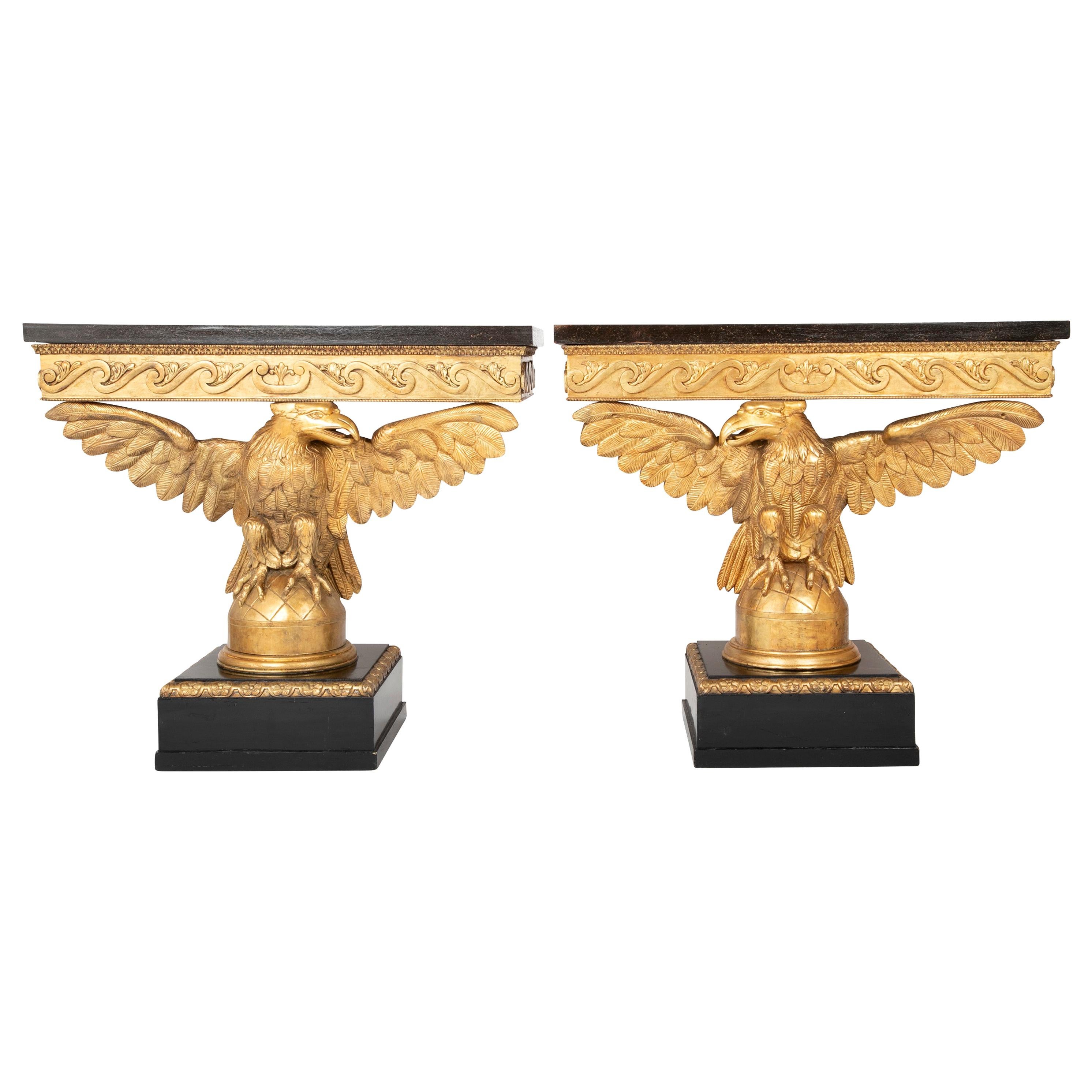 Pair of Early to Mid-19th Century Giltwood Eagle Console Tables