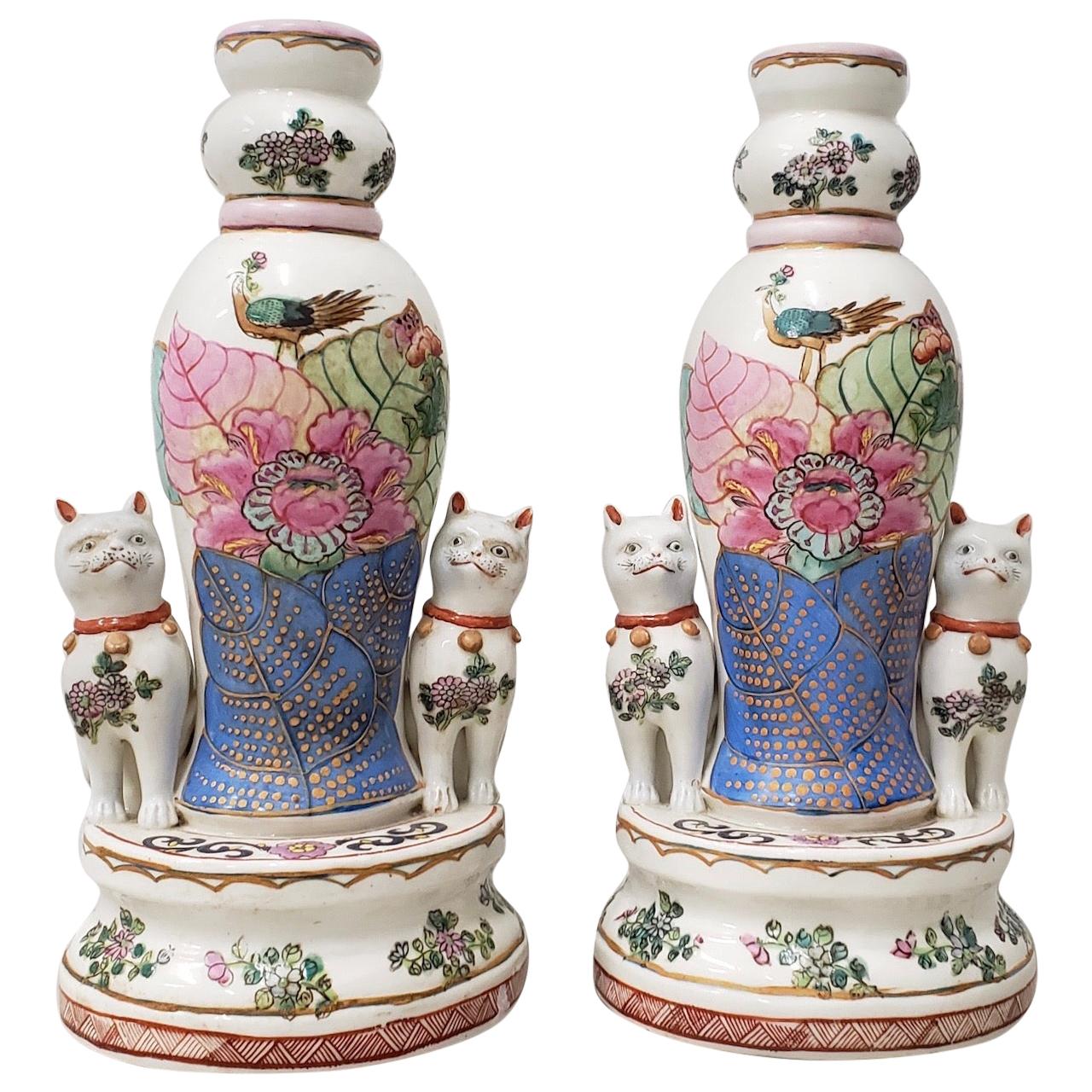 Pair of Early to Mid-20th Century Chinese Porcelain Figurines with Cats