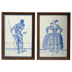 Pareja de cuadros de cerámica esmaltada azul y blanca de Delft de principios del siglo XX