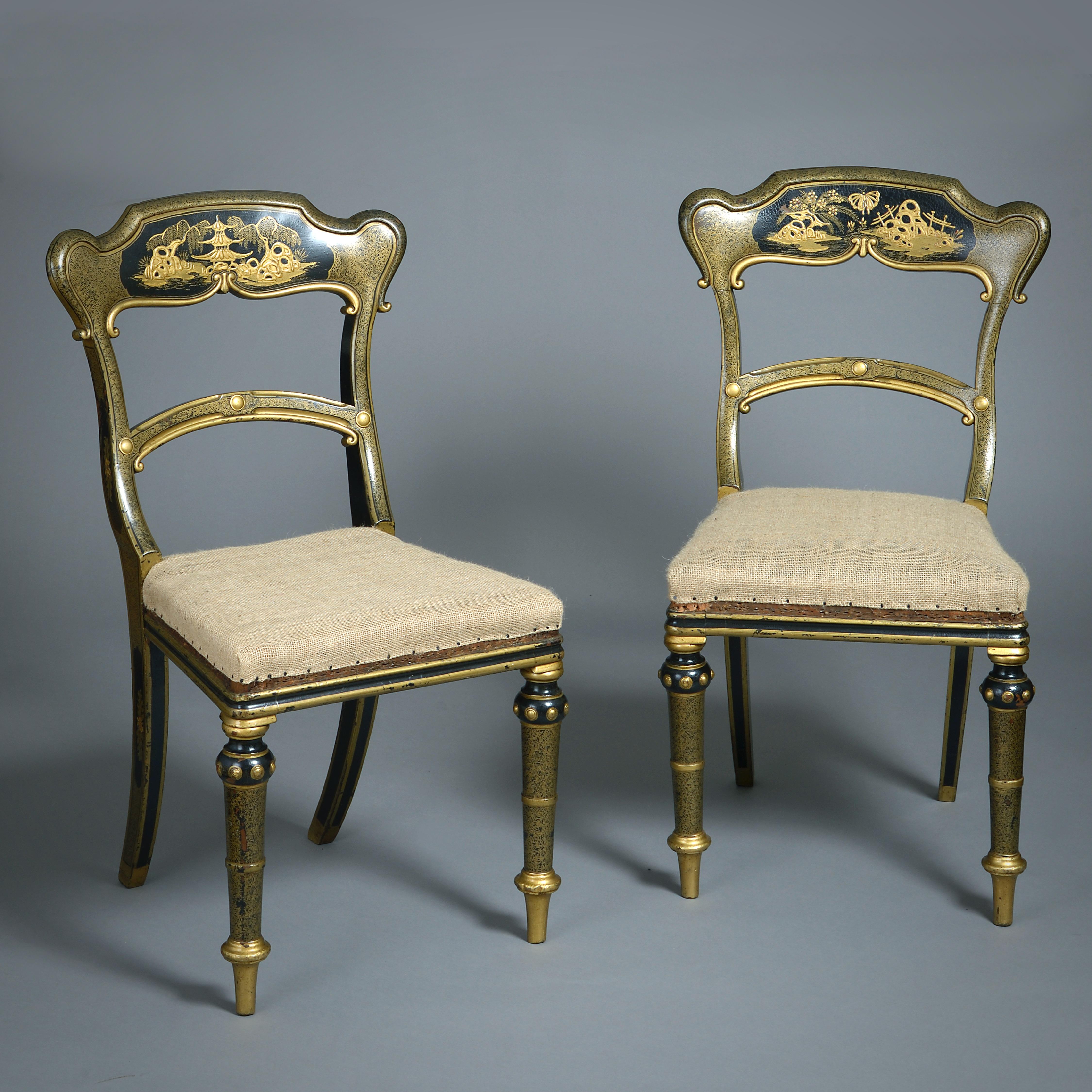 A FINE PAIR OF EARLY VICTORIAN BLACK-AND-GOLD JAPANNED SIDE CHAIRS, Circa 1840.