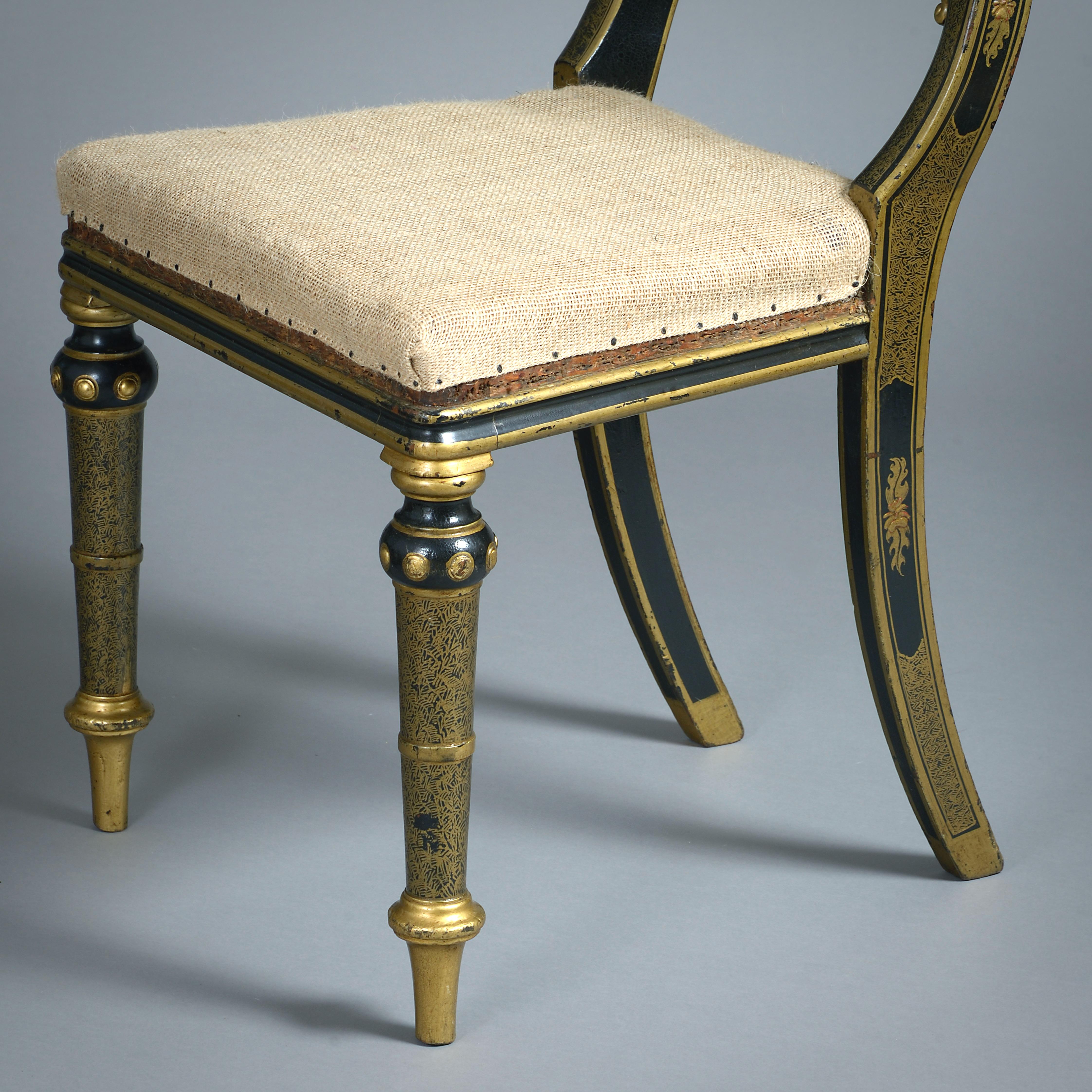 Lacquer Pair of Early Victorian Black-And-Gold Japanned Side Chairs For Sale
