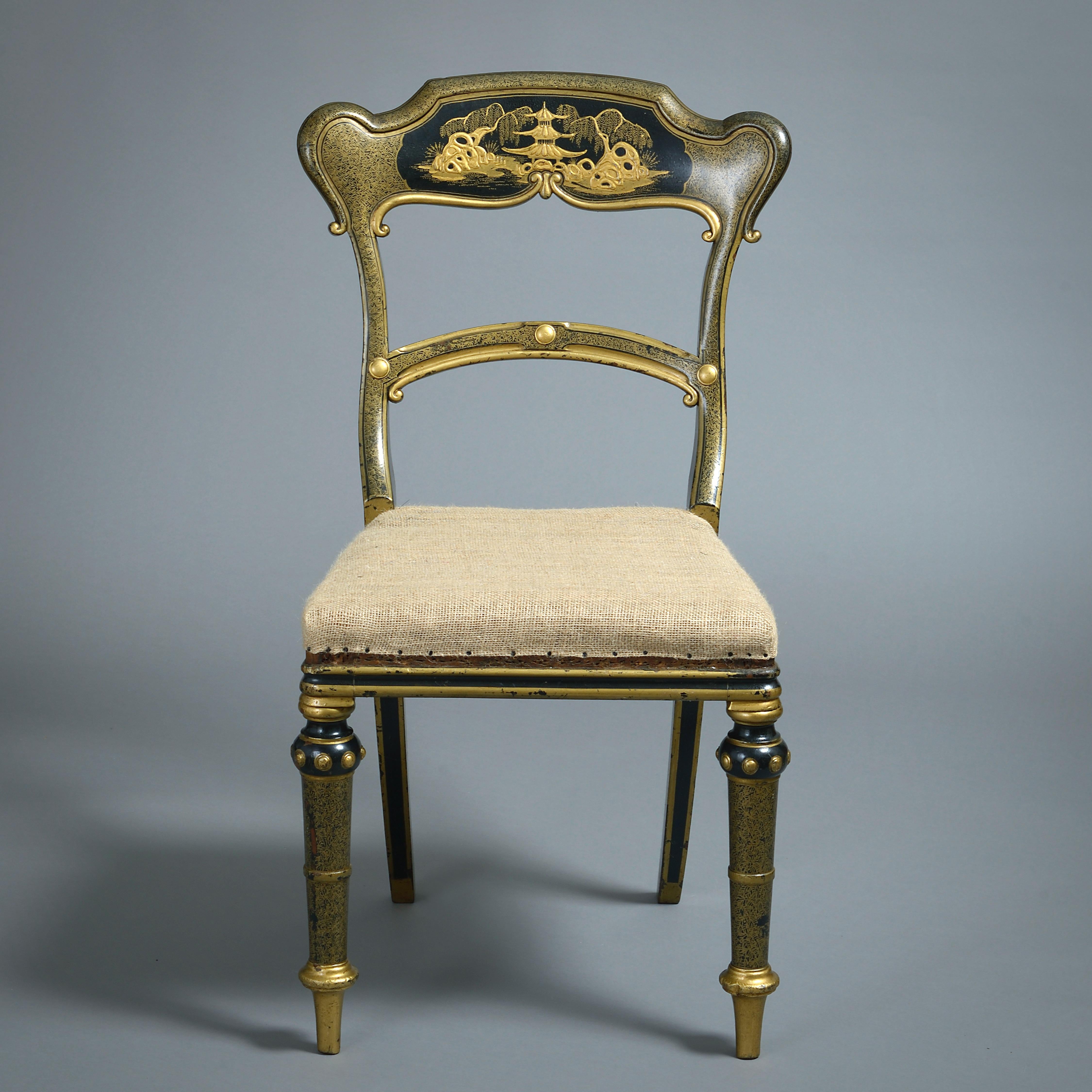 Pair of Early Victorian Black-And-Gold Japanned Side Chairs For Sale 1