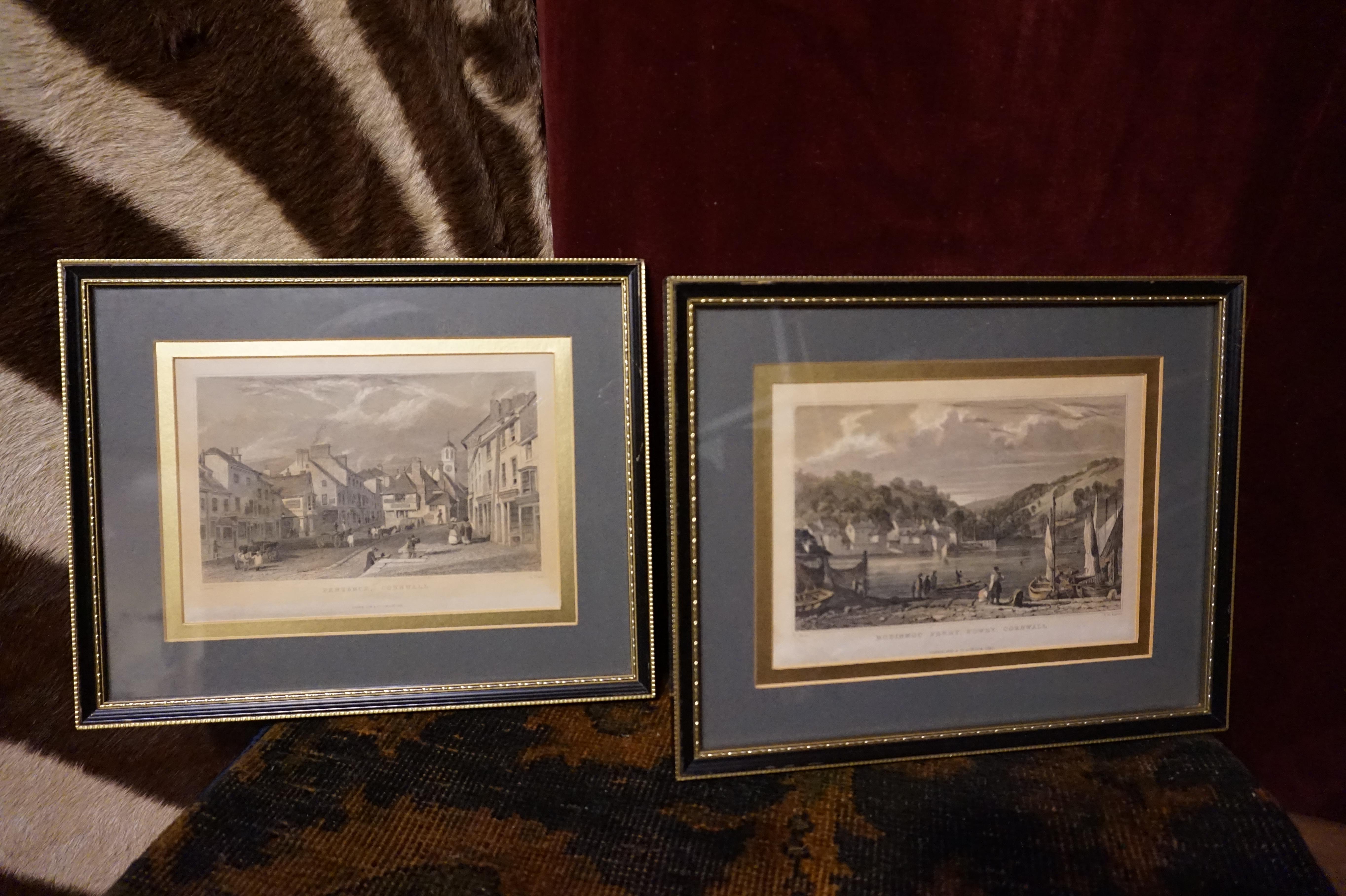 Pair of Early Victorian English Stamped Framed & Mounted Cornwall Aquatints For Sale 5