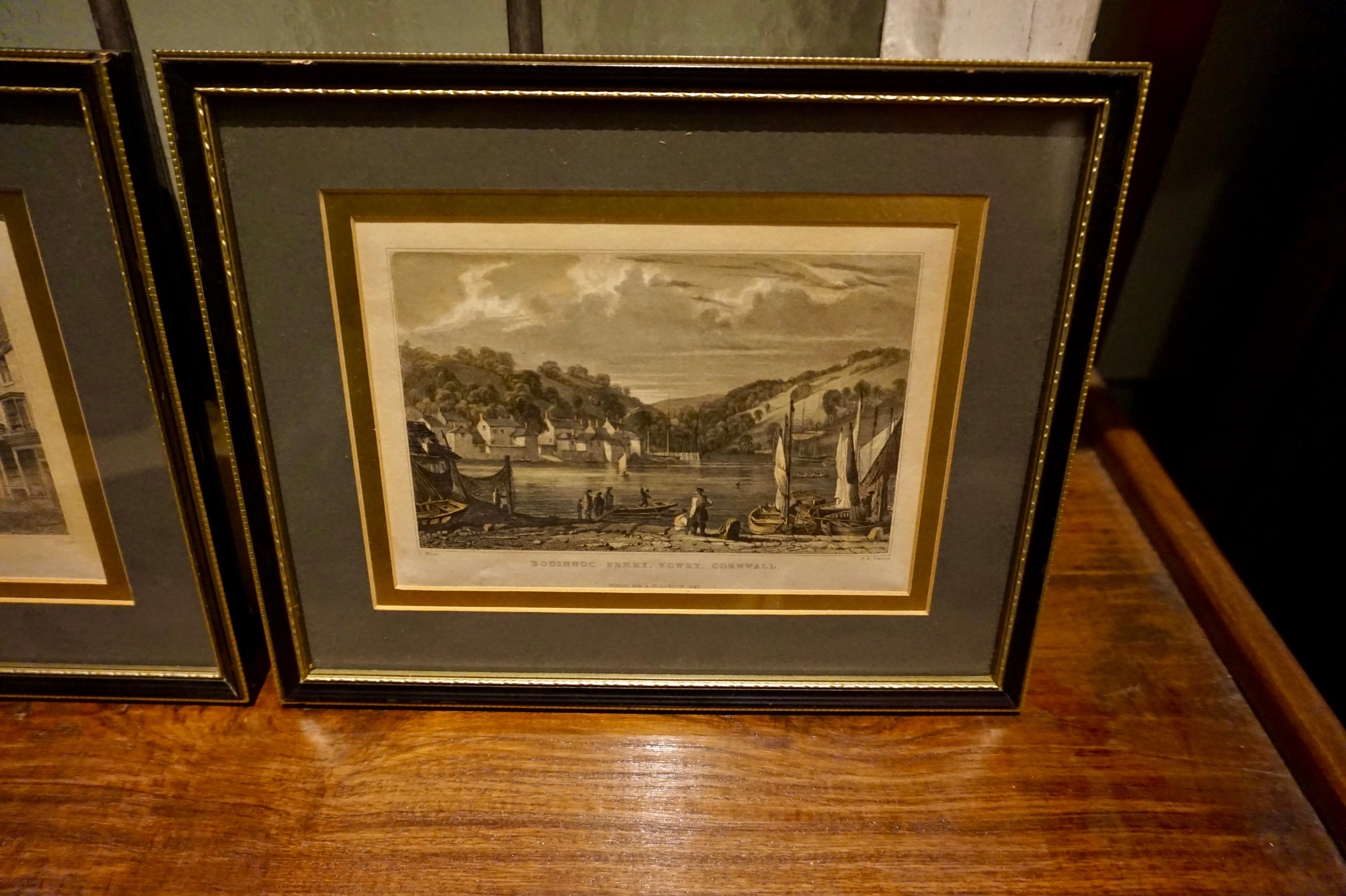 Hand-Painted Pair of Early Victorian English Stamped Framed & Mounted Cornwall Aquatints For Sale
