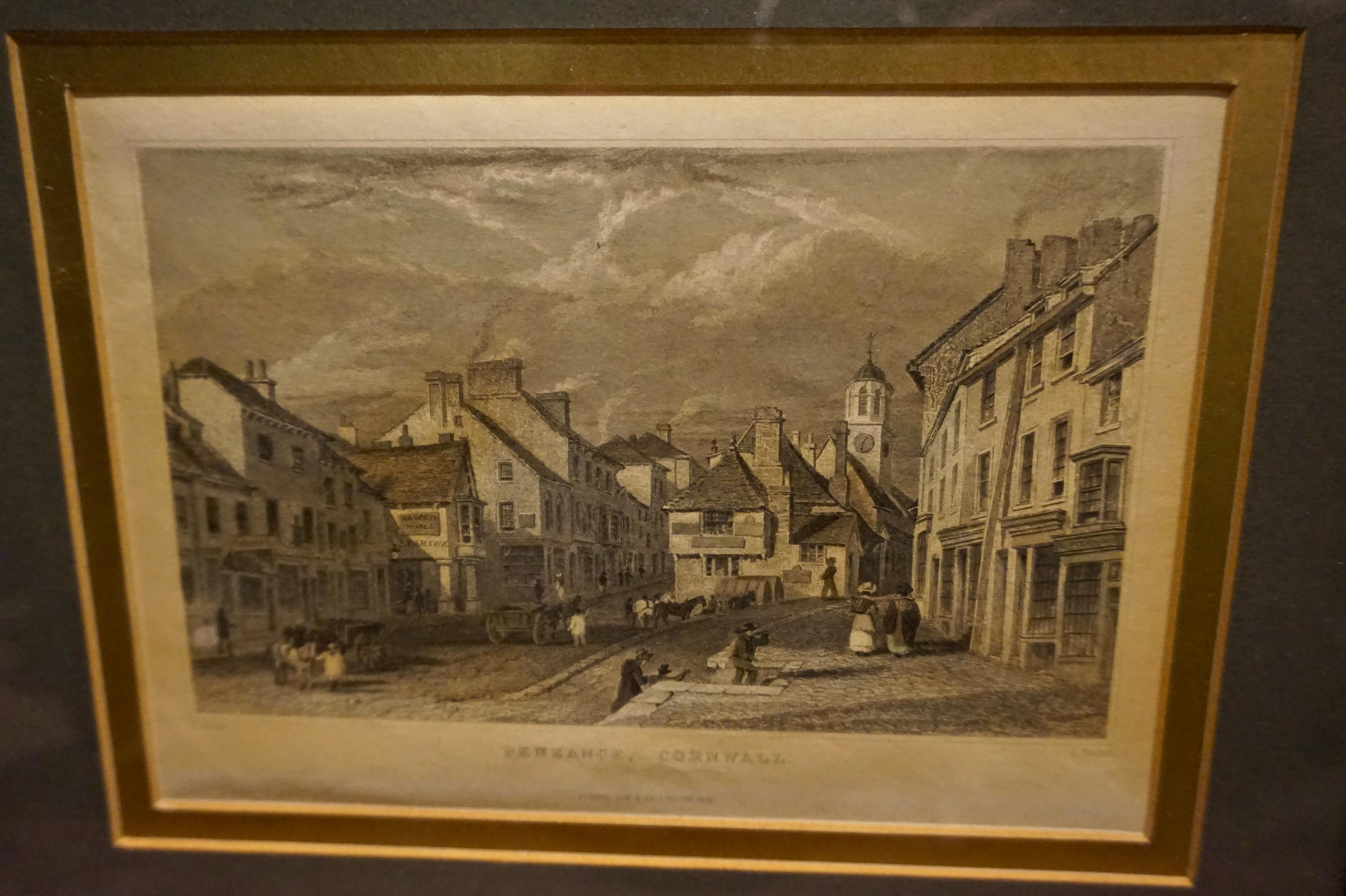 Pair of Early Victorian English Stamped Framed & Mounted Cornwall Aquatints For Sale 1