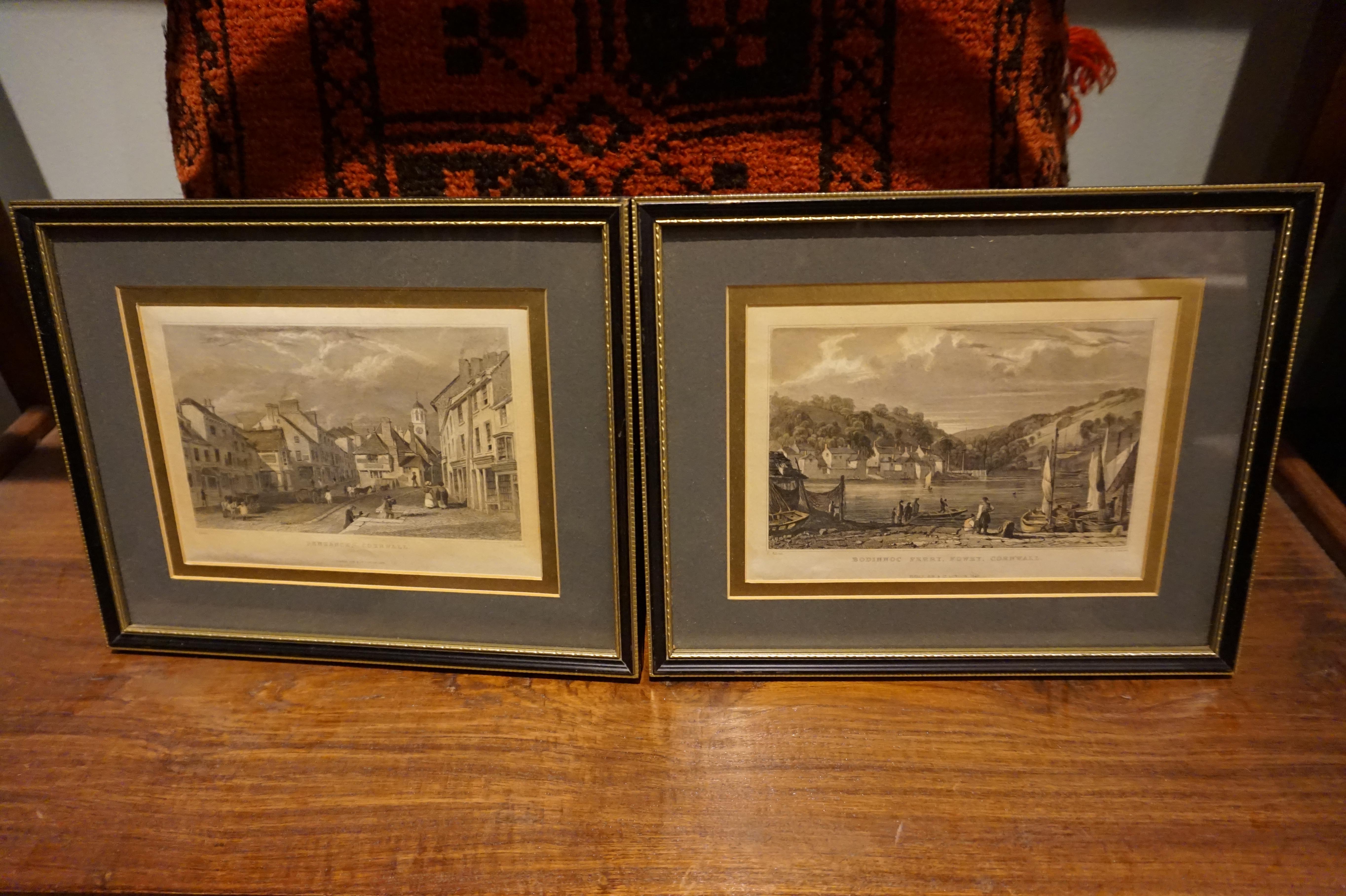 Pair of Early Victorian English Stamped Framed & Mounted Cornwall Aquatints For Sale 2