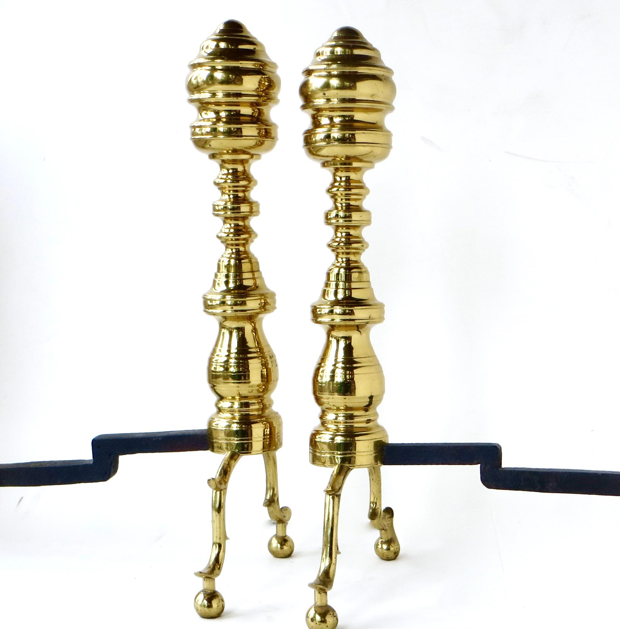 Pair of Early Victorian Fireplace Brass Andirons. American, Circa 1850 In Good Condition For Sale In Incline Village, NV