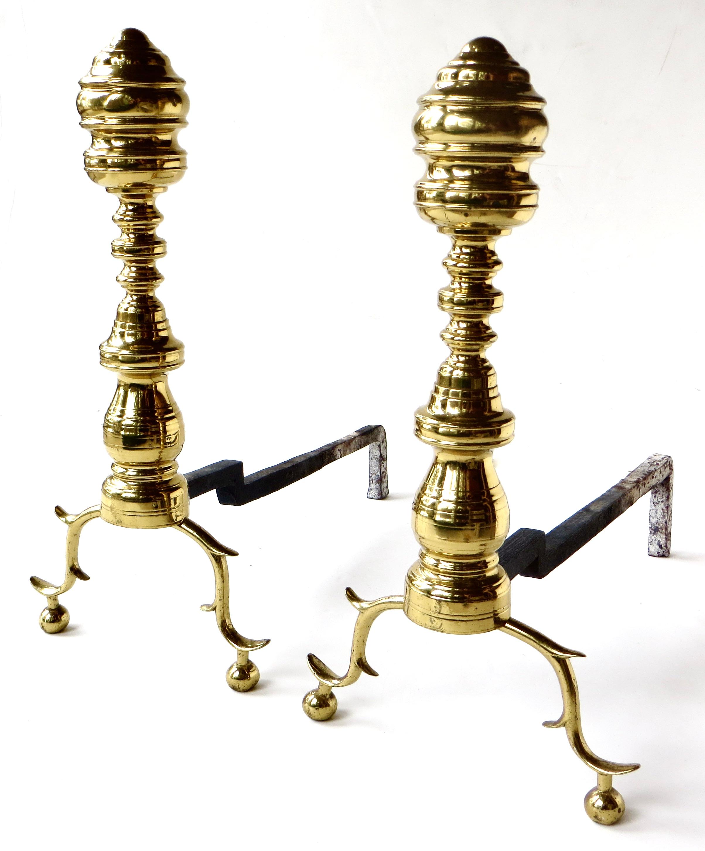 Pair of Early Victorian Fireplace Brass Andirons. American, Circa 1850 For Sale 4