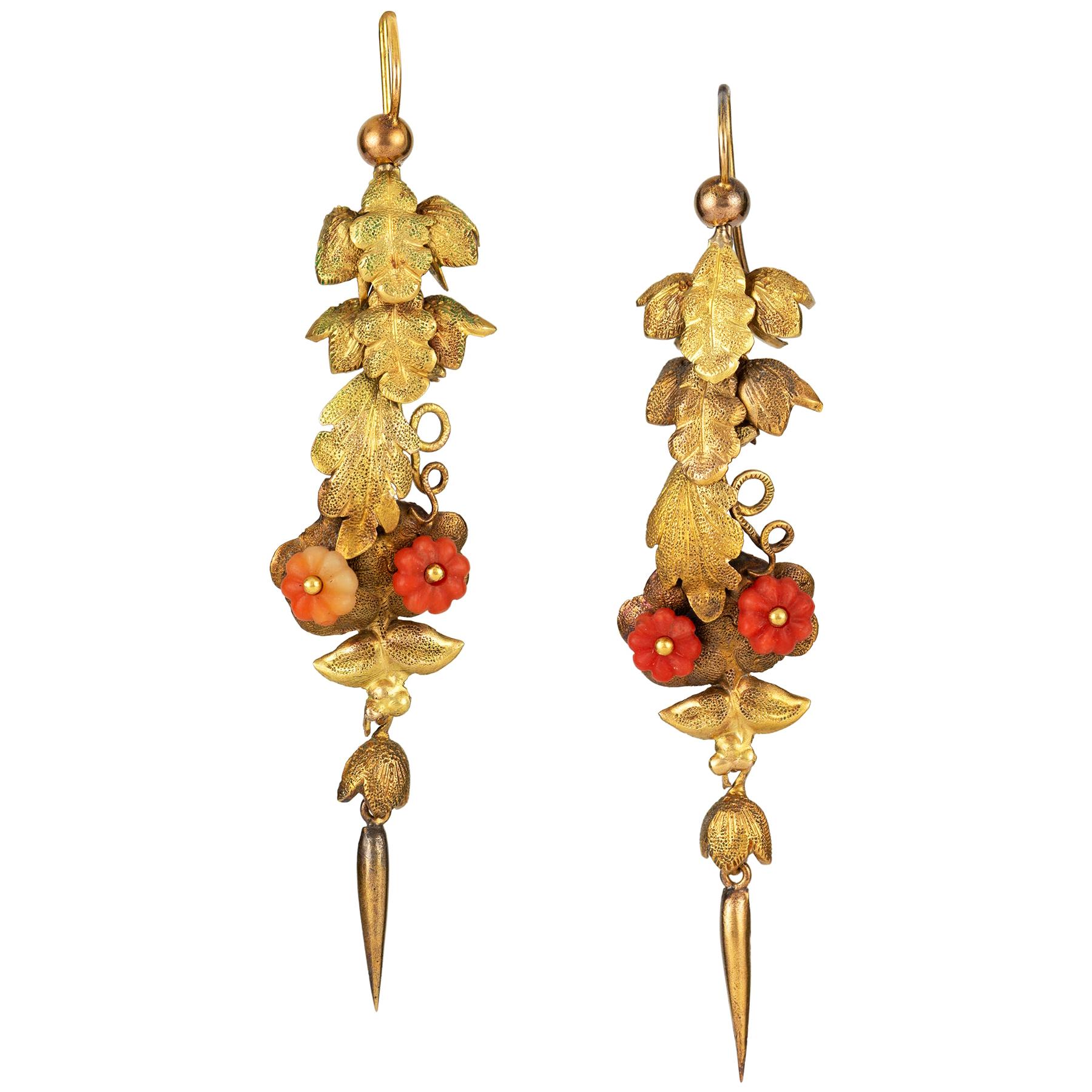 Pair of Early Victorian Gold and Coral Leaf Drop Earrings