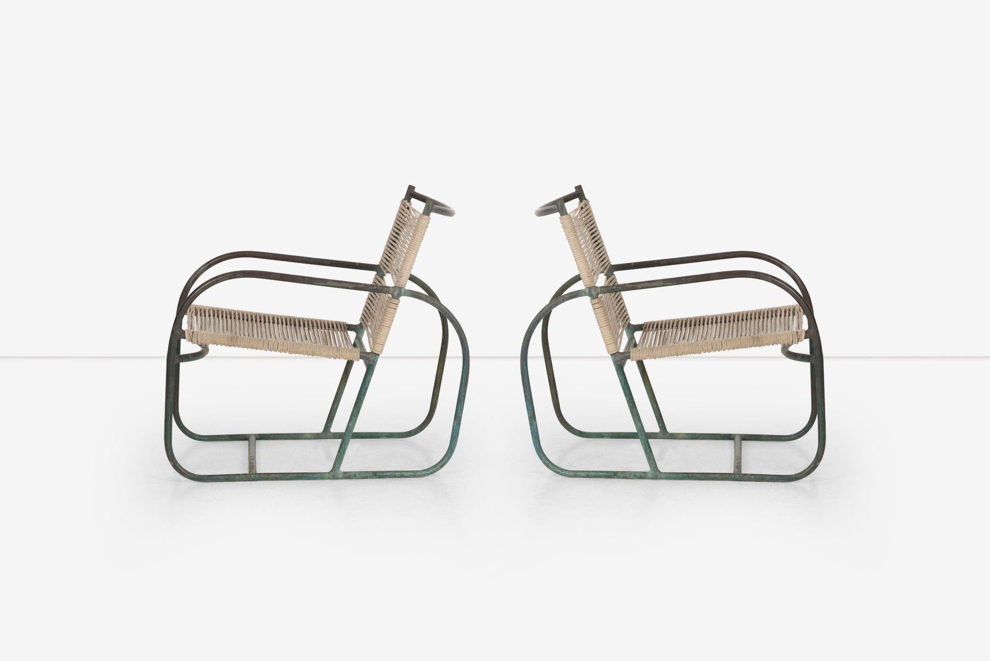 Pair of Early Vintage Walter Lamb Bronze Lounge Chairs for Brown Jordan, model C-5700
Brown Jordan, 1950c.
Original cotton-nylon cord in good condition.
Dimensions:
31½ h × 23½ w × 33 d in
Seat Height 17