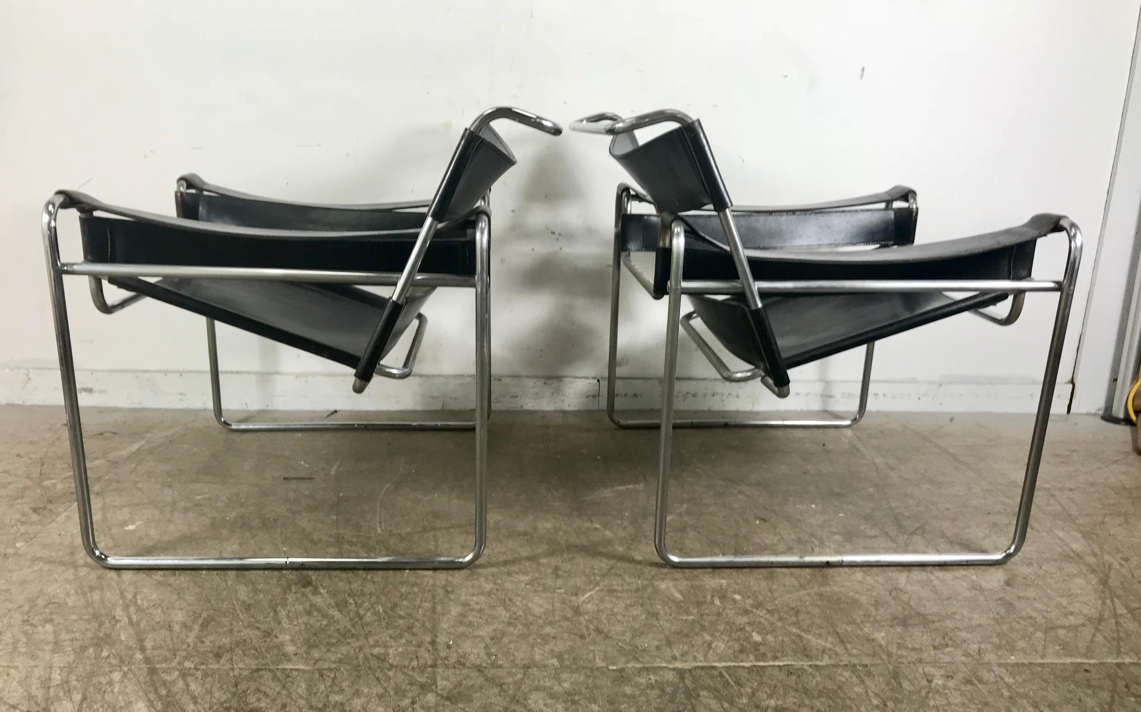 Plated Pair of Early Wassily Chairs by Marcel Breuer for Knoll, Leather and Chrome For Sale