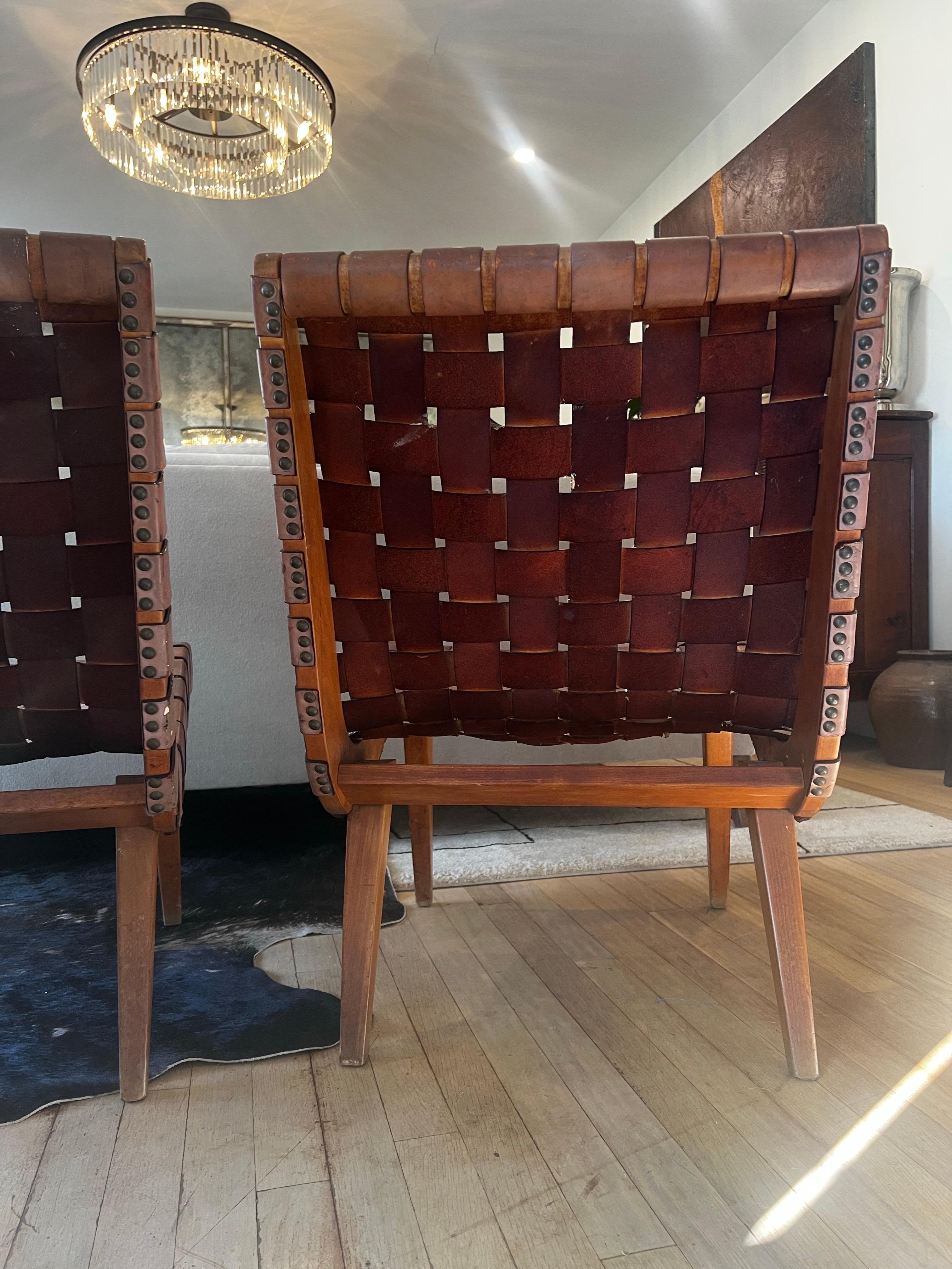 Paar frühgewebte Leder-Loungesessel von Jens Risom für Knoll im Angebot 4