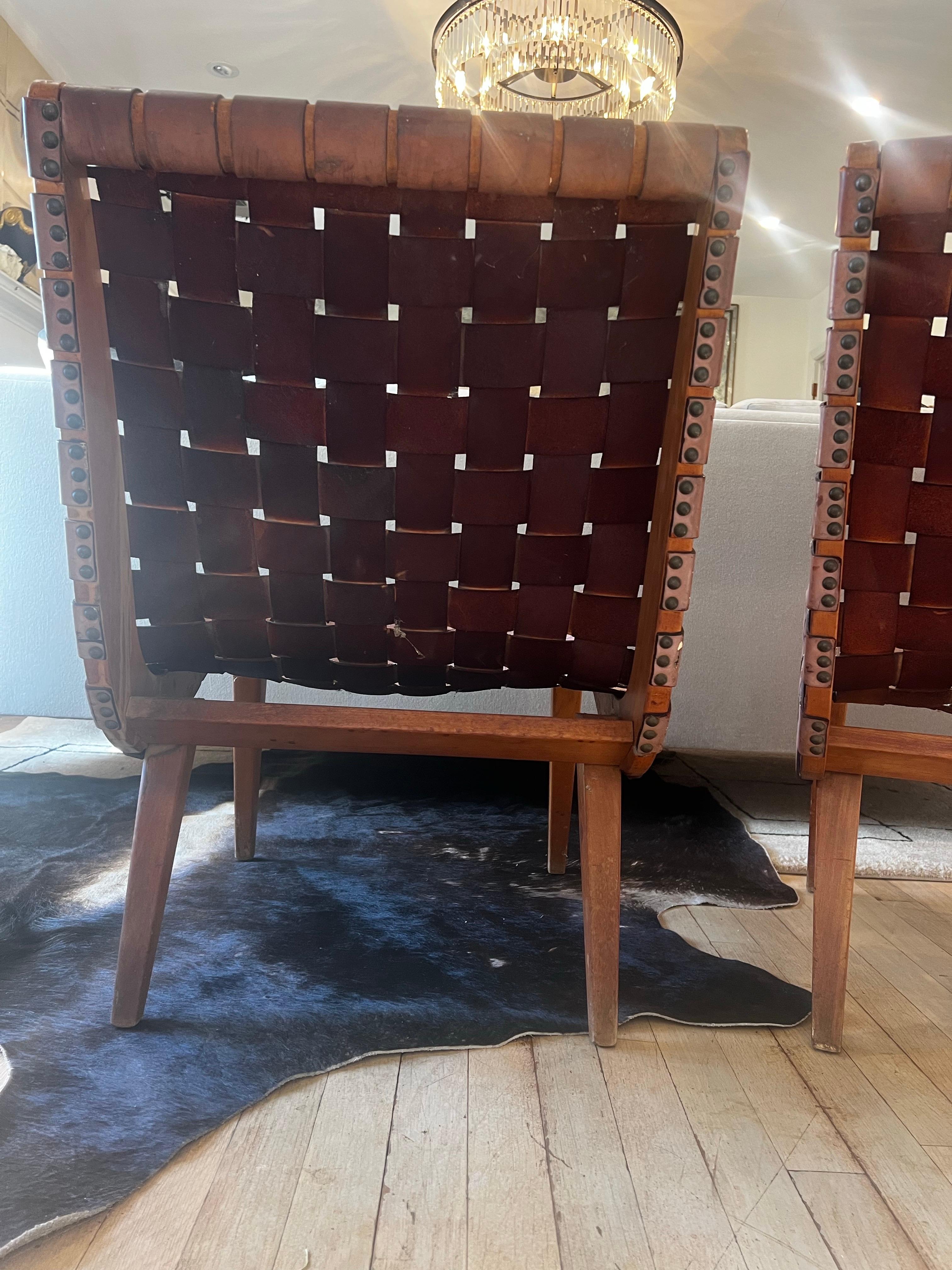 Paar frühgewebte Leder-Loungesessel von Jens Risom für Knoll im Angebot 5