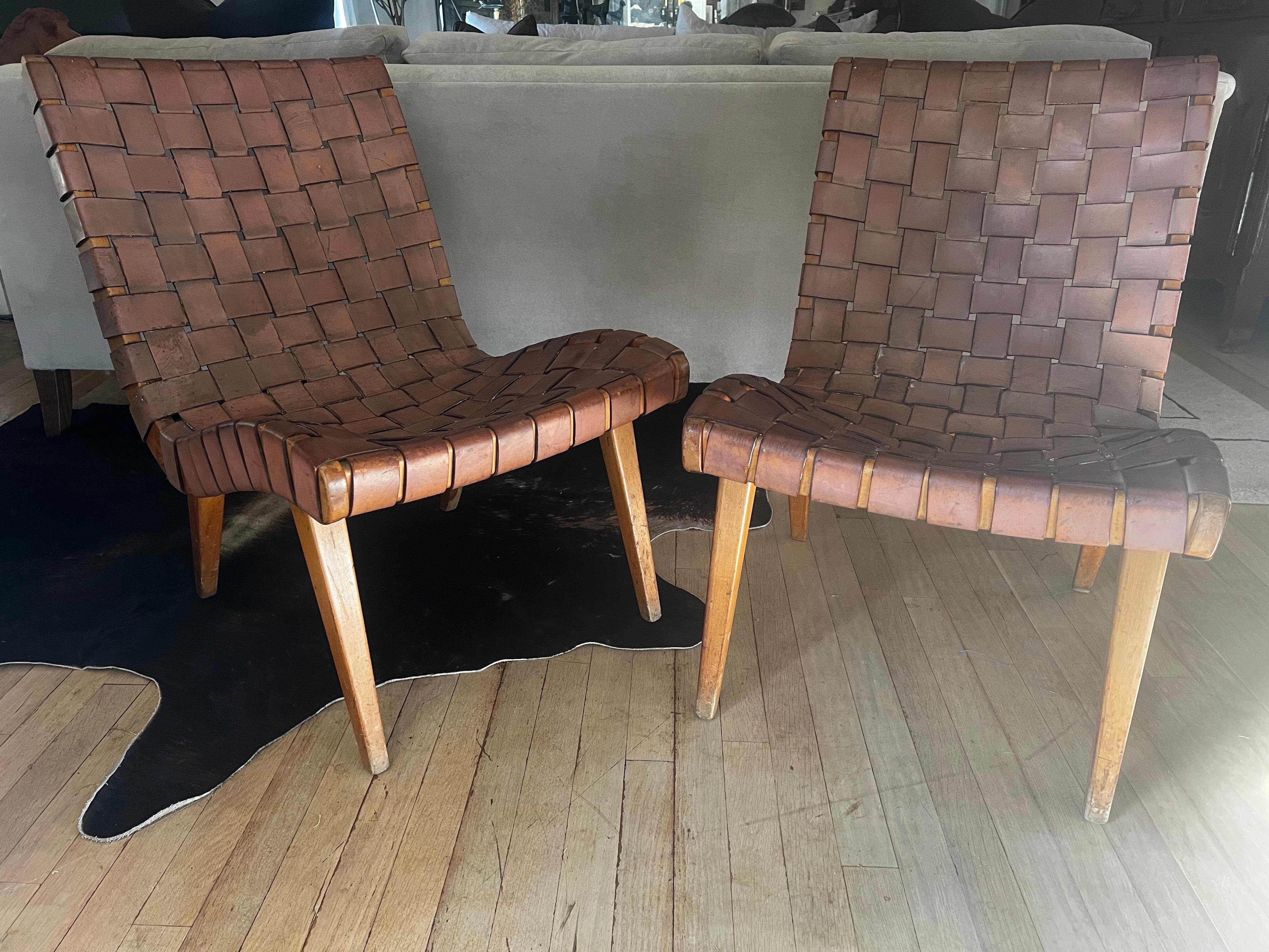 Paar frühgewebte Leder-Loungesessel von Jens Risom für Knoll im Angebot 7