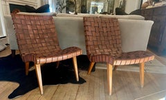 Pair of Early Woven Leather Lounge Chairs by Jens Risom for Knoll