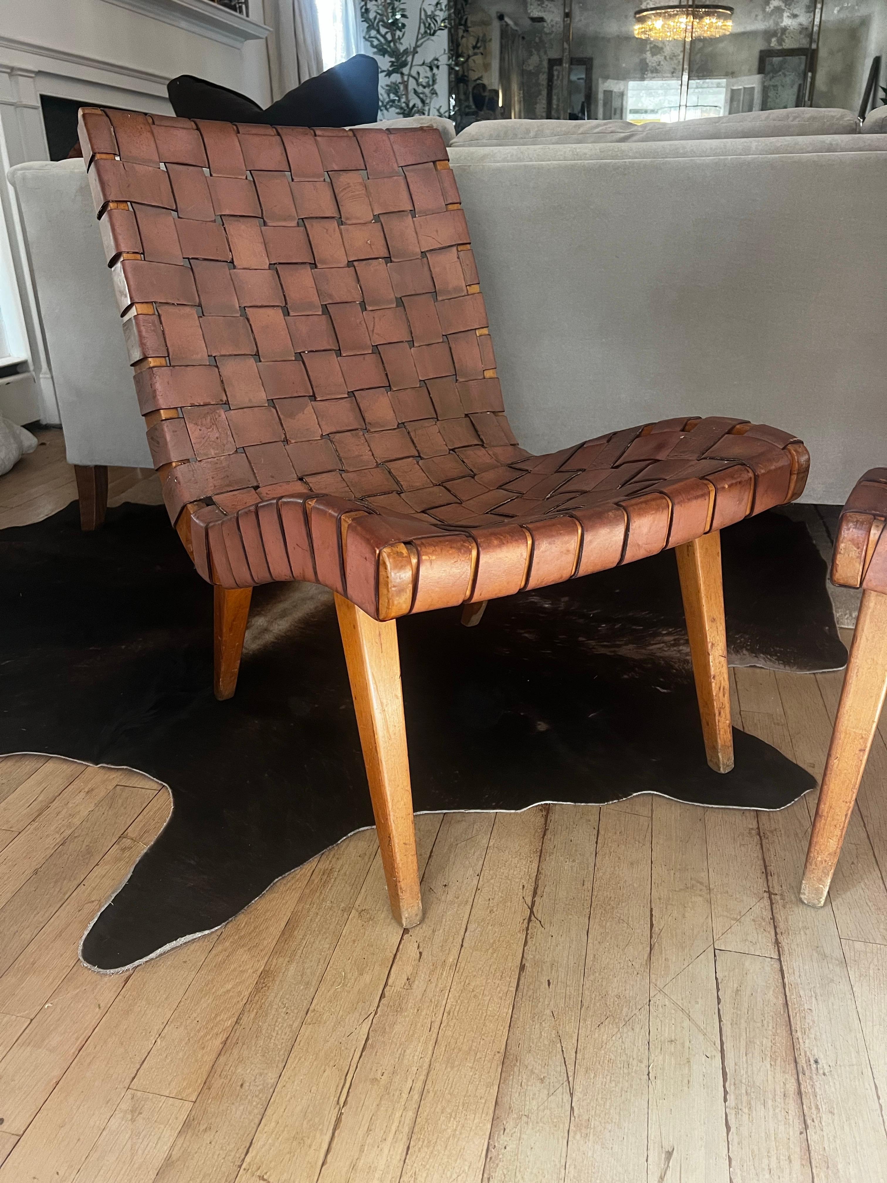 Paar frühgewebte Leder-Loungesessel von Jens Risom für Knoll (Moderne der Mitte des Jahrhunderts) im Angebot