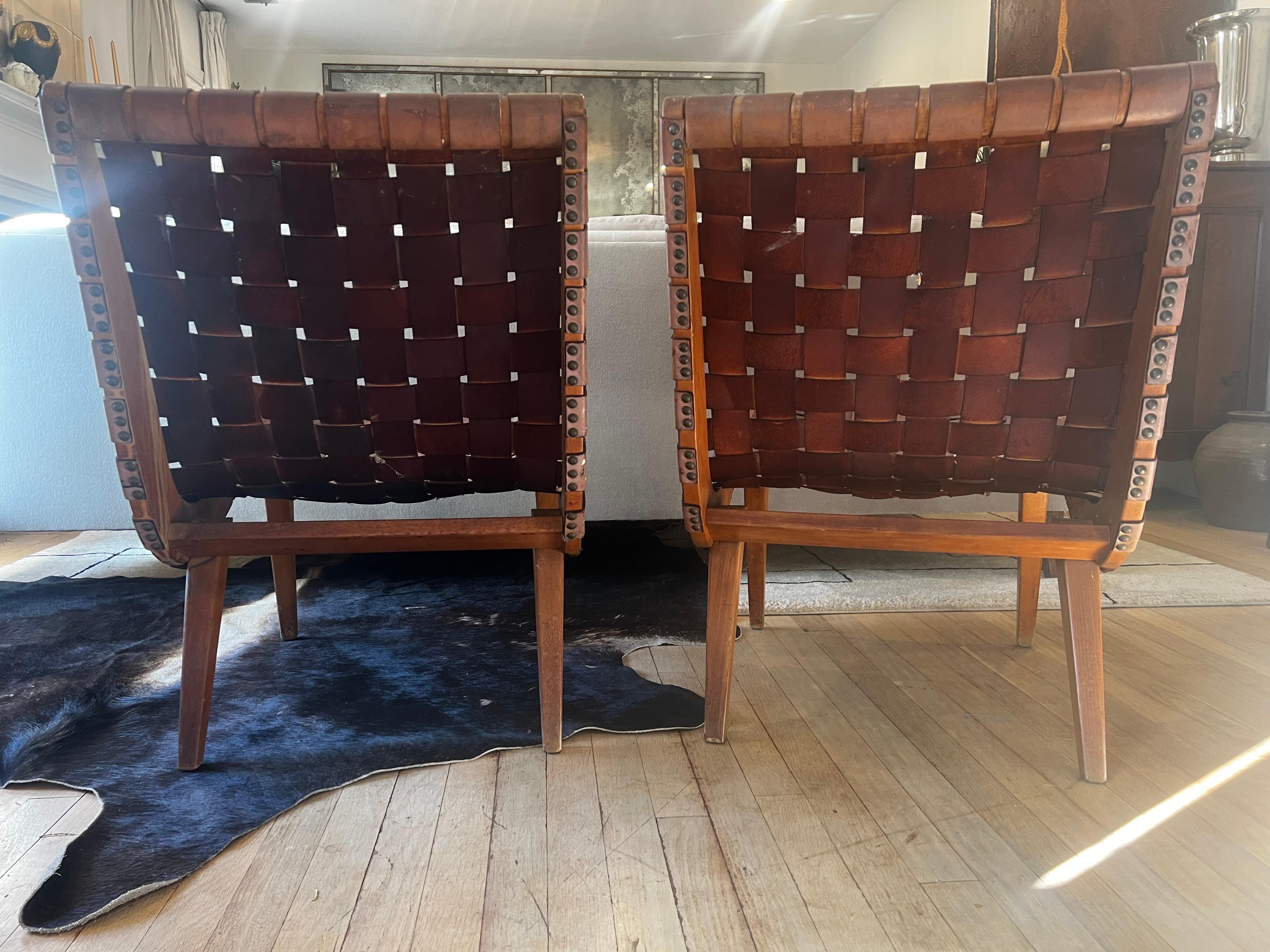 Paar frühgewebte Leder-Loungesessel von Jens Risom für Knoll im Angebot 2