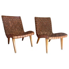 Pair of Early Woven Leather Lounge Chairs by Jens Risom for Knoll