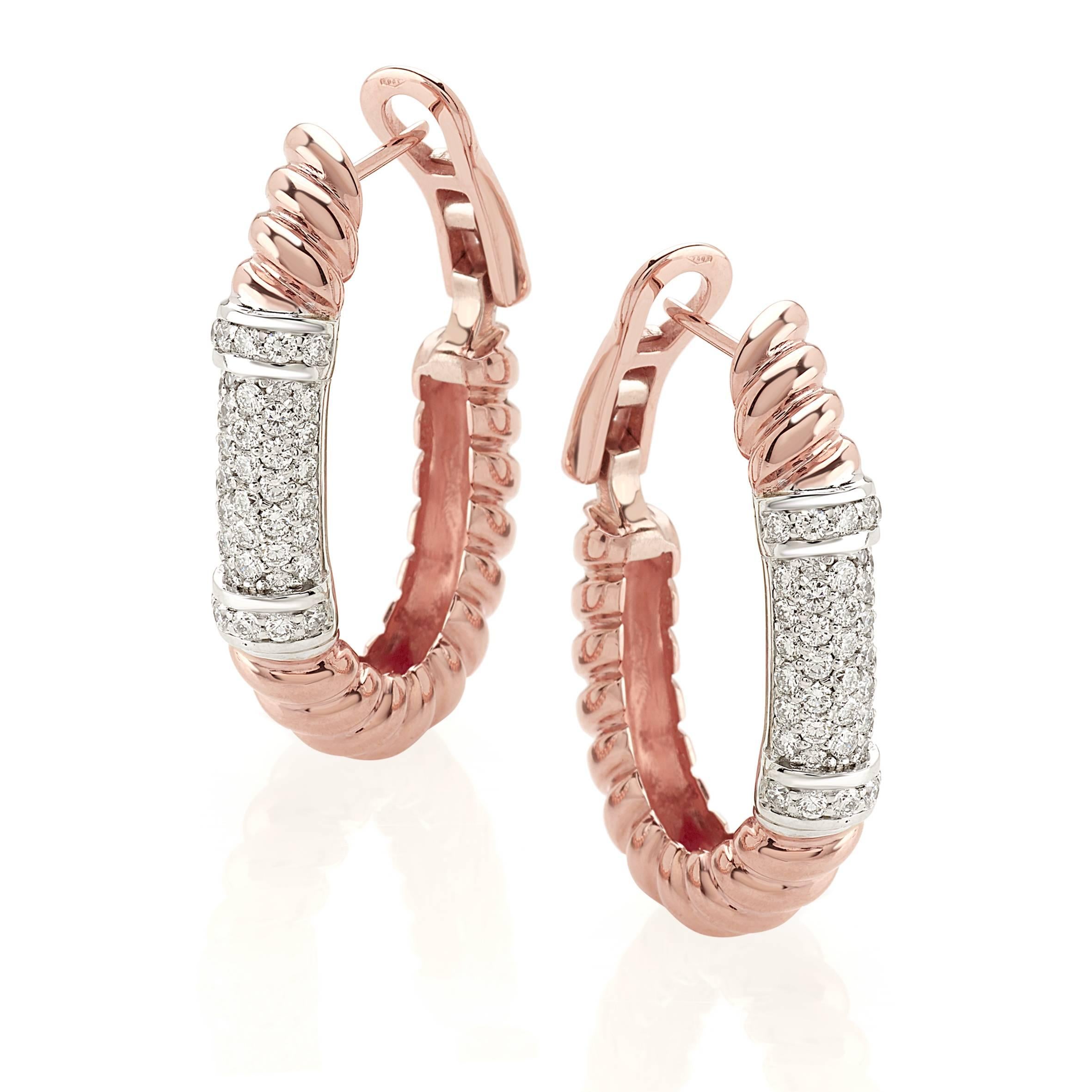 Rope pair of earrings in 18 kt  rose gold and white diamonds 
This is a traditional collection in Micheletto 

the total weight of the gold is  gr 18.60
the total weight of the white diamonds is ct 1.23 - color GH clarity VVS1

STAMP: 10 MI ITALY