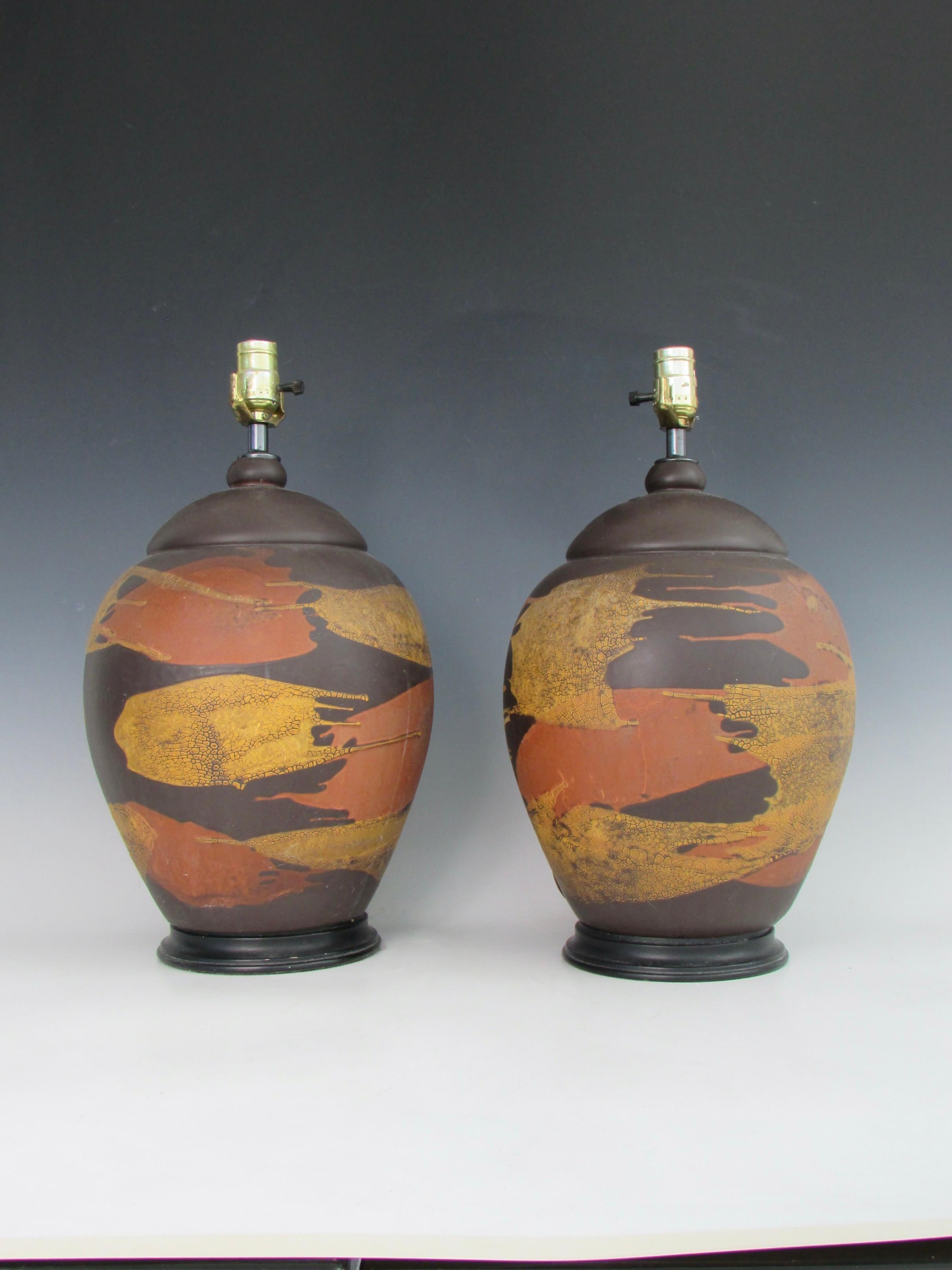 Mid-Century Modern Pair of Earth Tone Pottery Table Lamps For Sale