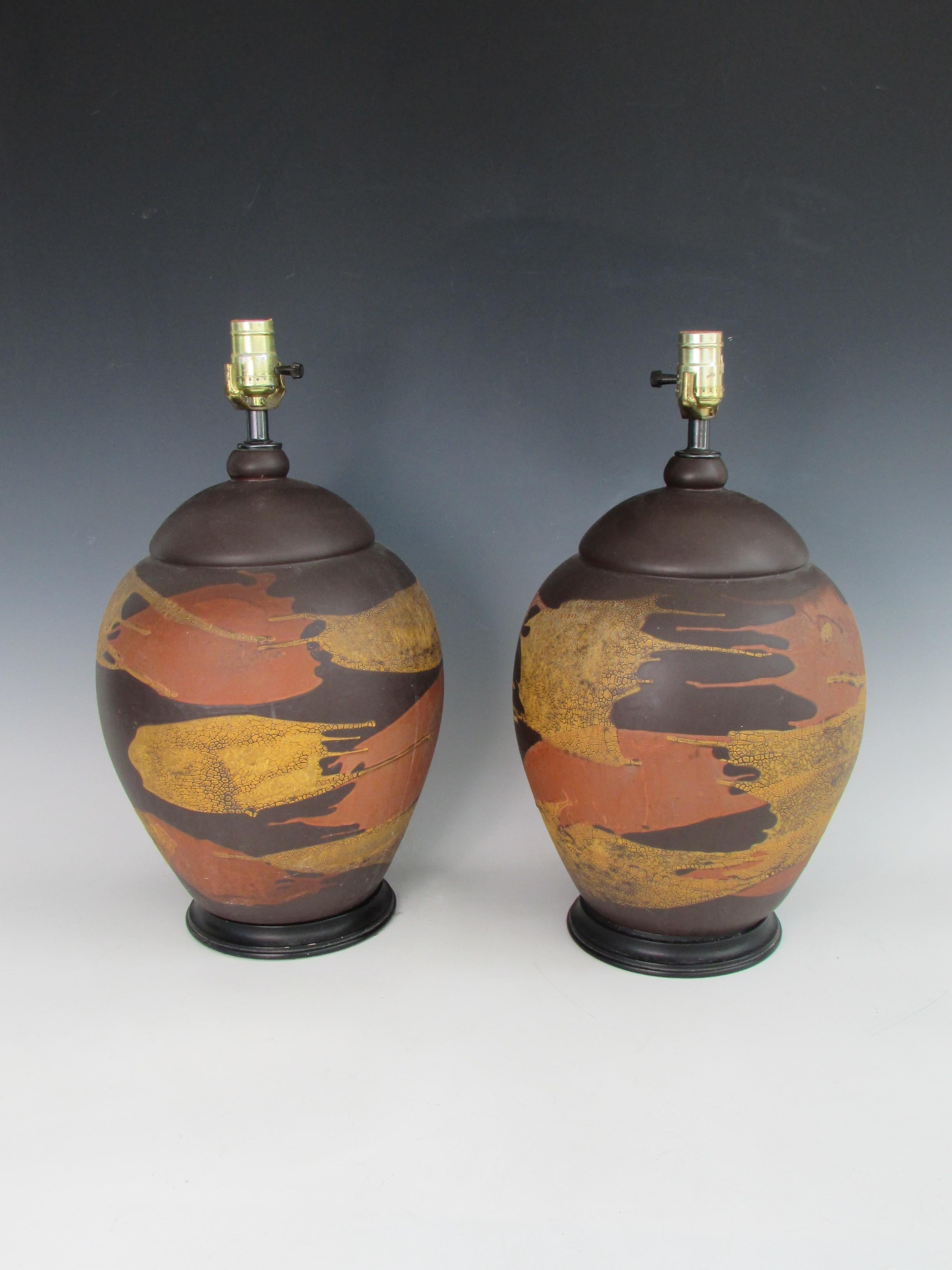 American Pair of Earth Tone Pottery Table Lamps For Sale