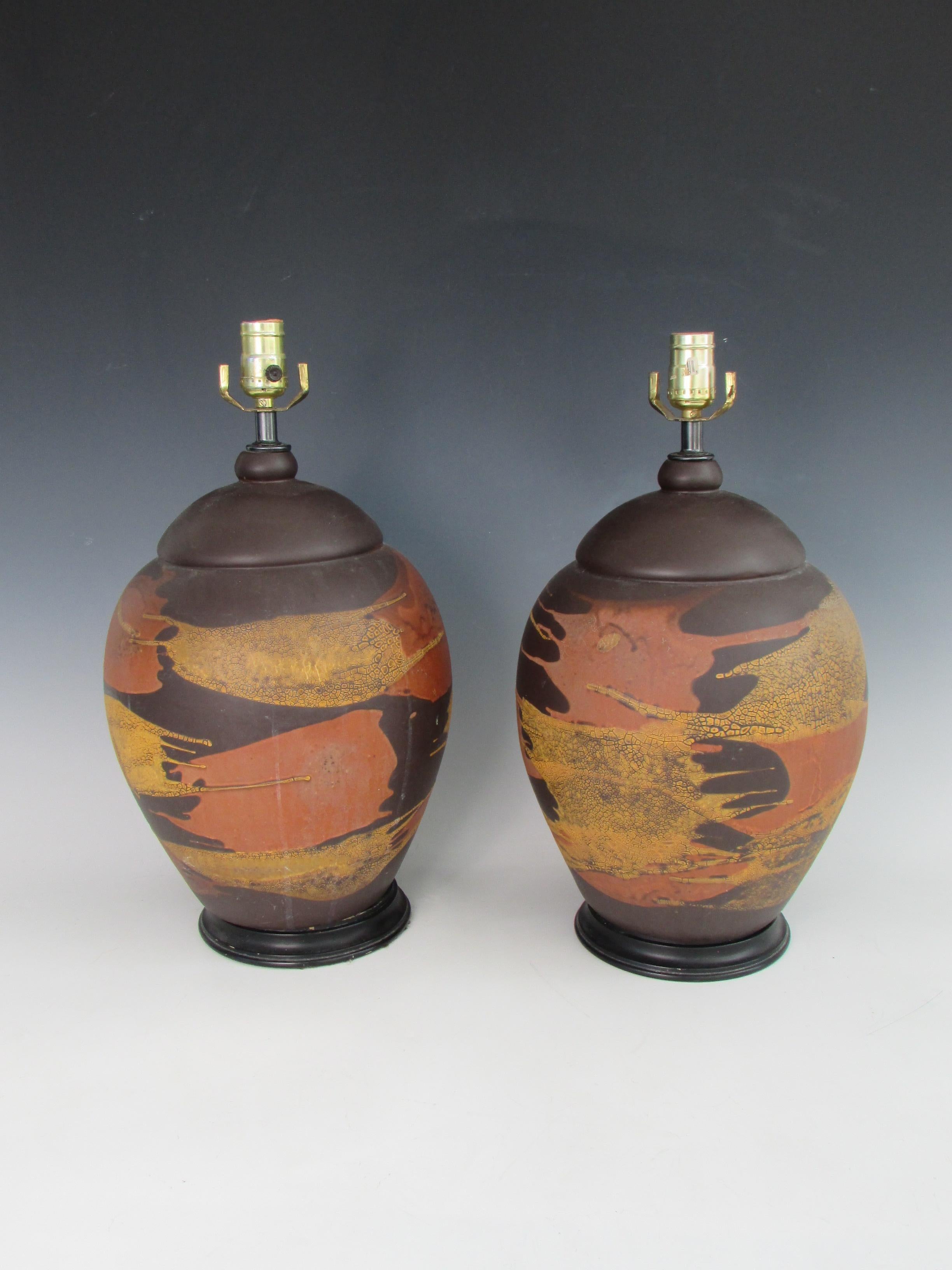 Hand-Crafted Pair of Earth Tone Pottery Table Lamps For Sale