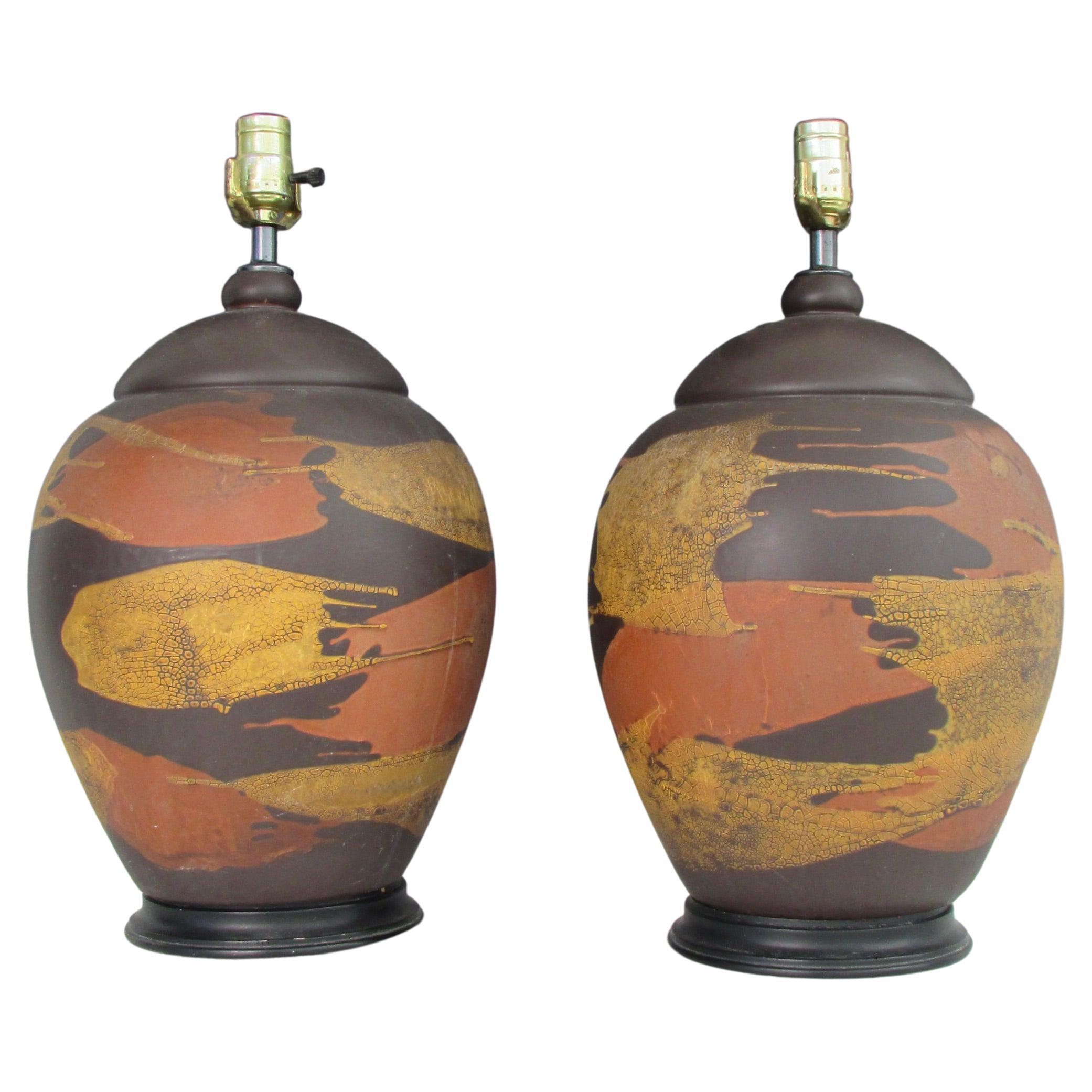 Pair of Earth Tone Pottery Table Lamps For Sale