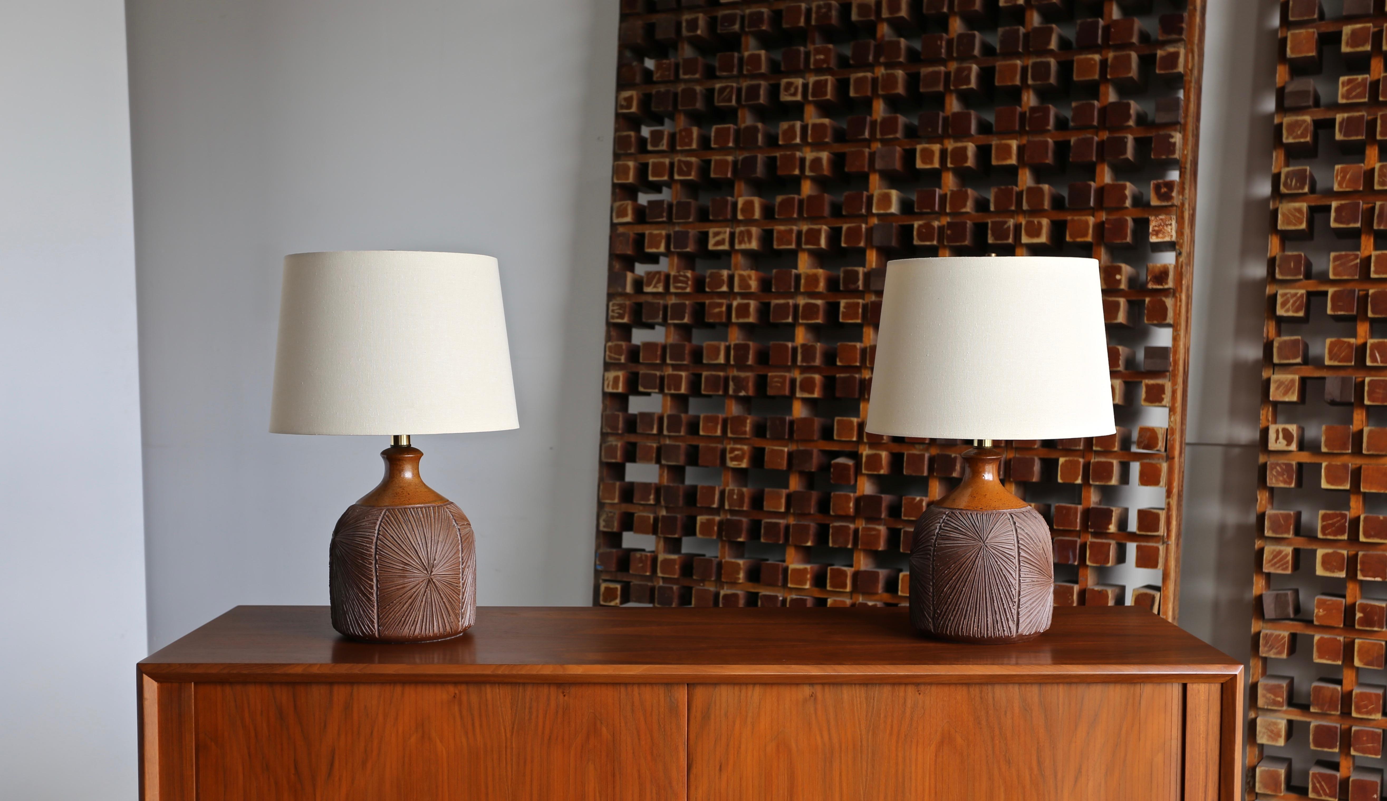 Pair of ceramic Earthgender table lamps by David Cressey Robert Maxwell, circa 1970.

The listed measurements include the shades.

This pair is a great example of California modern design.