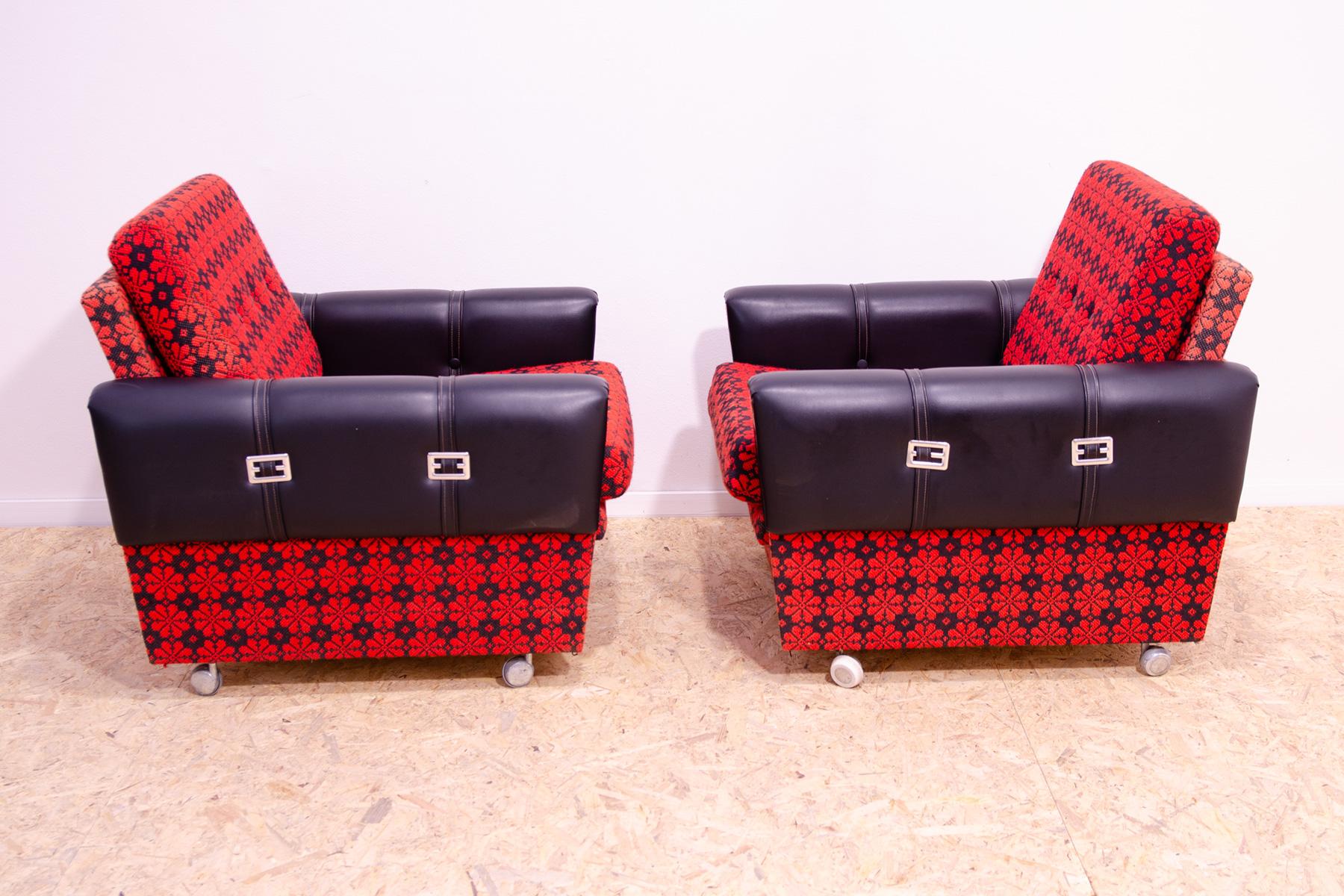 Fabric Pair of Eastern bloc Vintage armchairs, 1970´s, Czechoslovakia For Sale