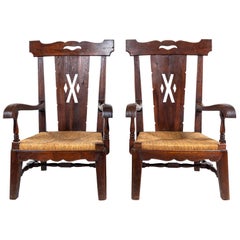 Pair of Eastern European Wood Framed with Rush Seat Arm Chairs 