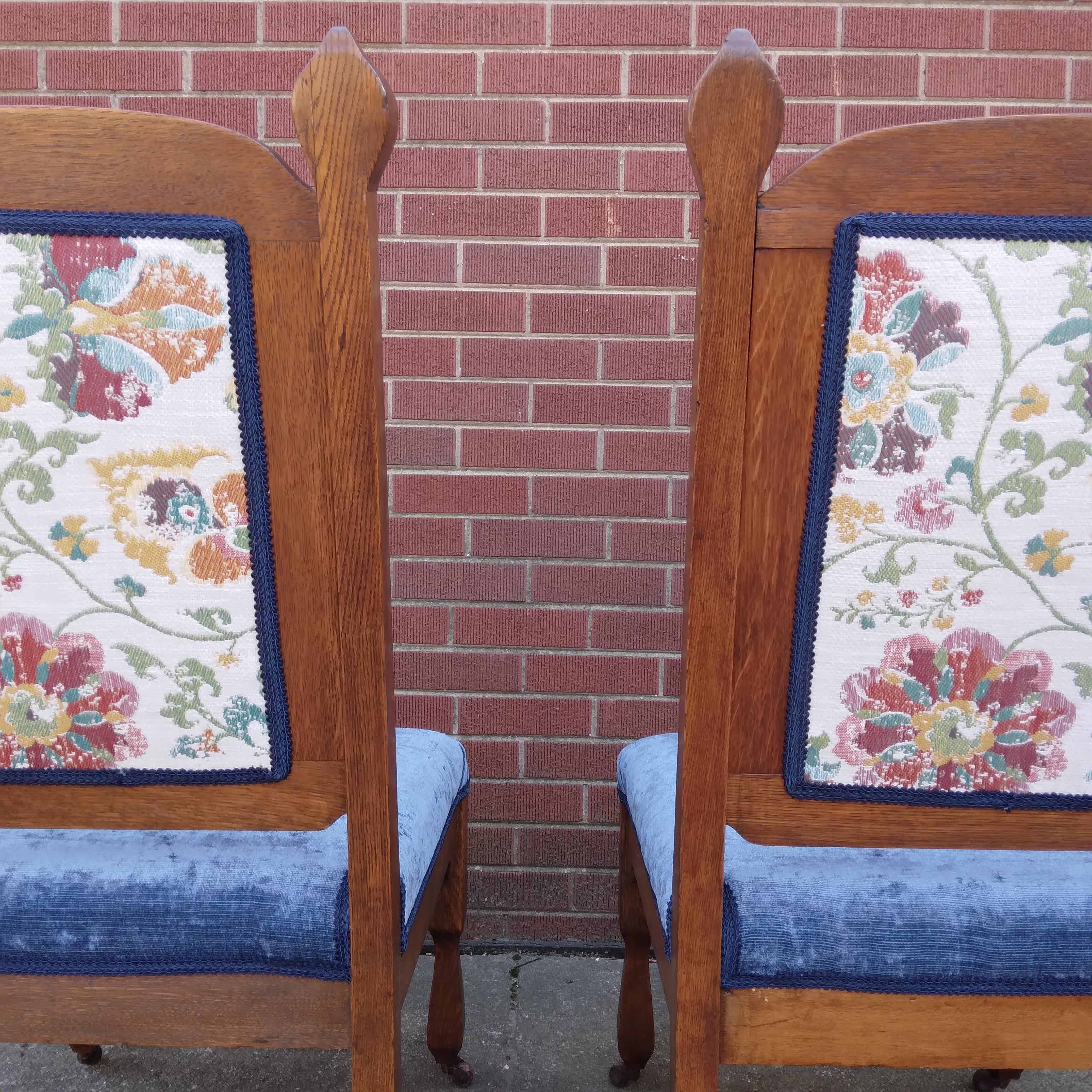 Upholstery Pair of Eastlake-Style Side Chairs in Floral & Blue For Sale