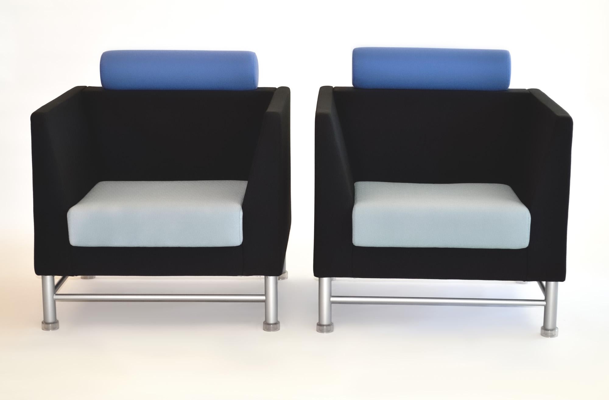 Pair of Eastside Club Lounge Chairs by Ettore Sottsass for Knoll, 1980s
Post modern classic design by Memphis founder Ettore Sottsass. The Eastside drew inspiration from Biedermeier design, and used color playfully and artistically. 
Upholstered in