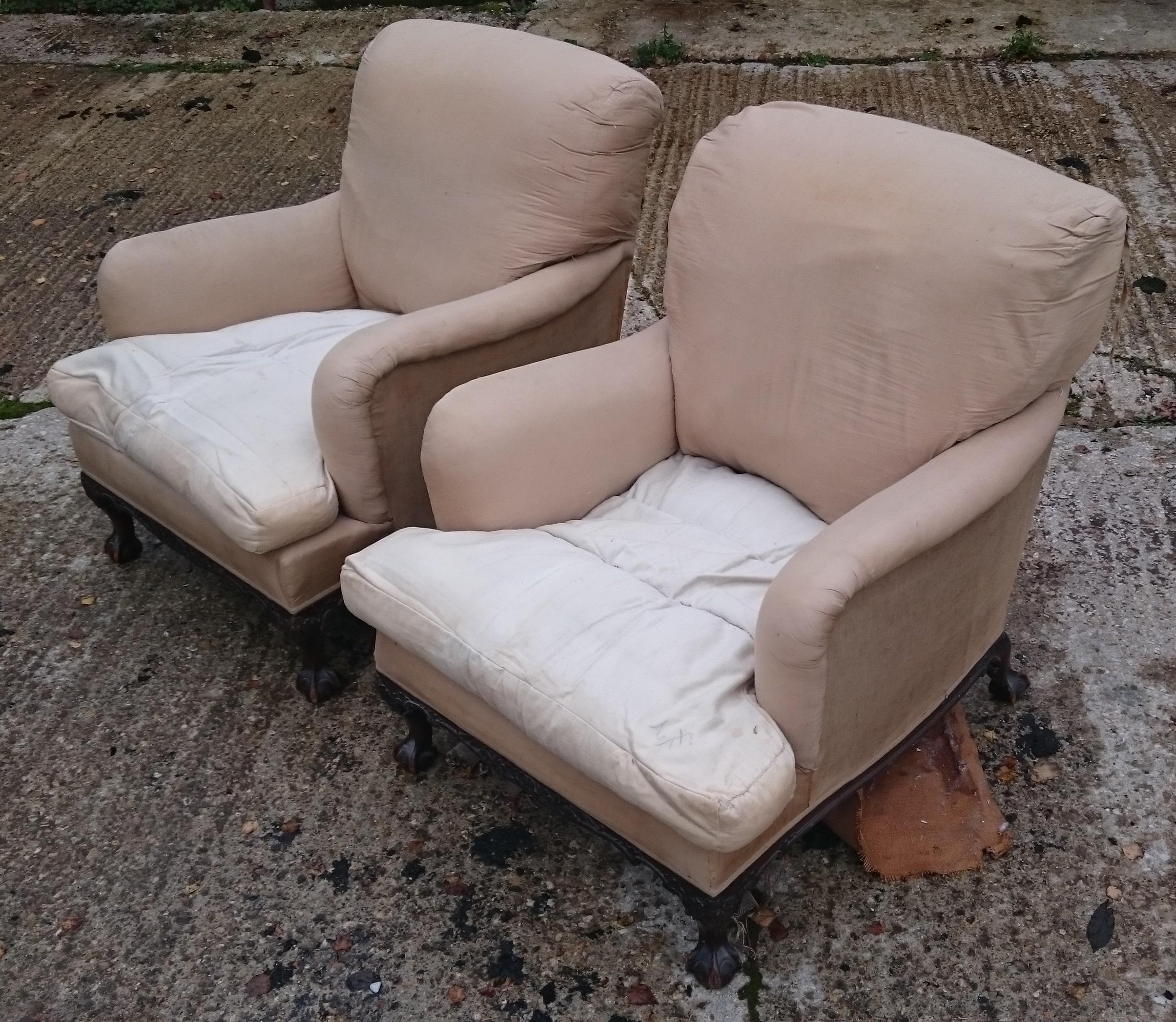 Pair of Easy Armchairs Made by Howard and Sons of London In Distressed Condition In Gloucestershire, GB