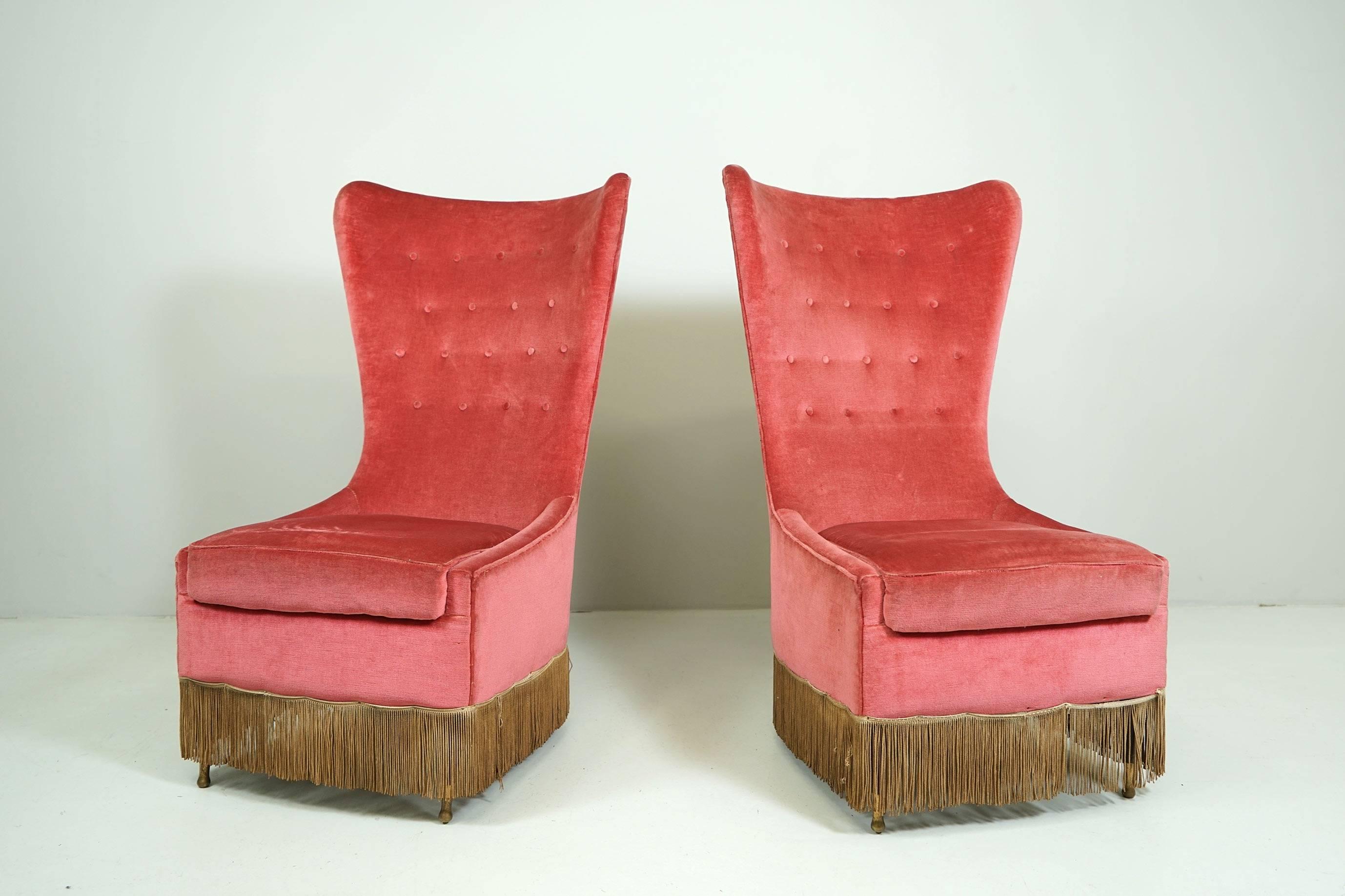 Italian Pair of velvet Easy Chairs by Cesare Lacca, circa 1950
