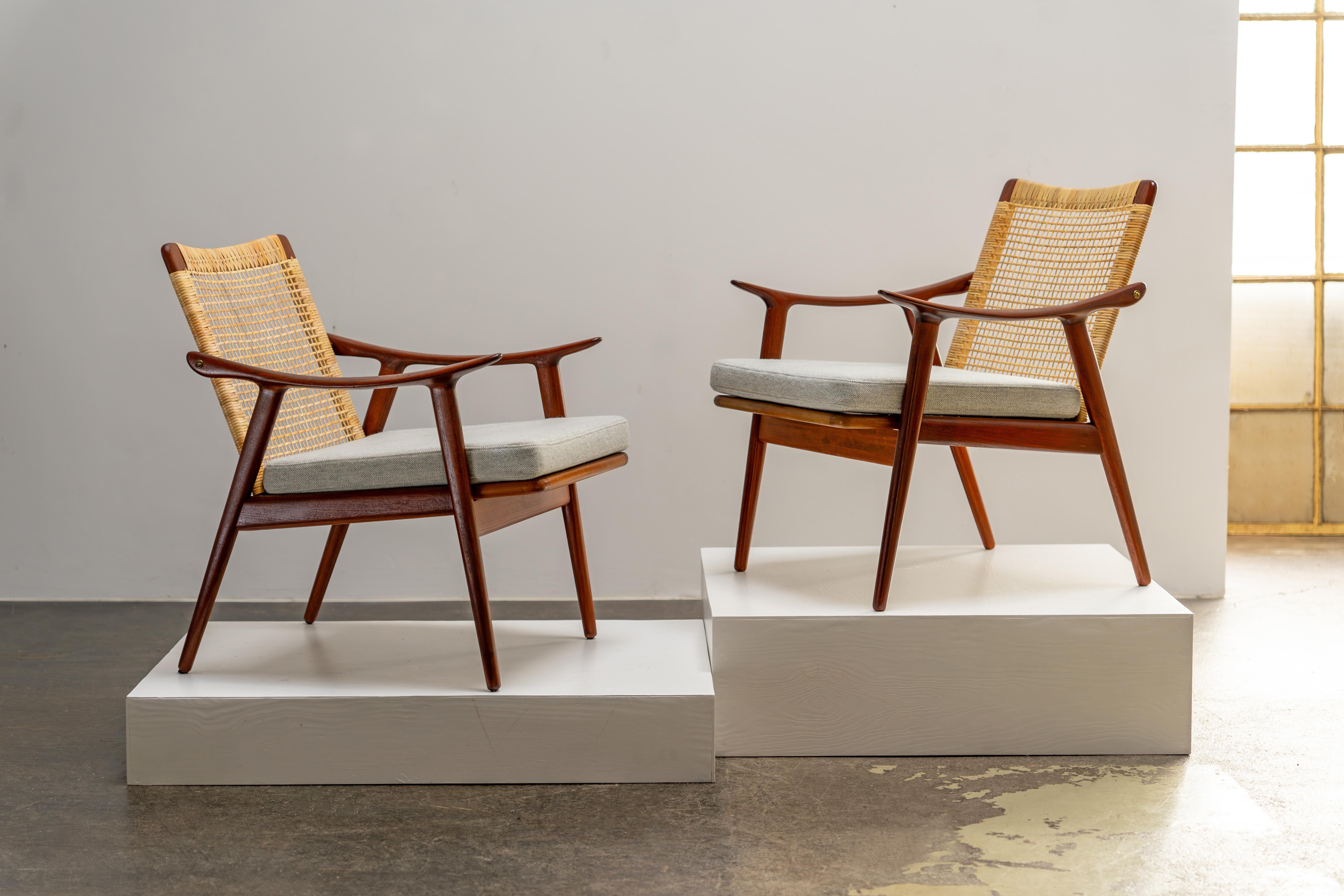 Scandinavian Modern Pair of Easy Chairs by Fredrik A. Kayser Teak and Rattan, Vatne Norway, 1950s