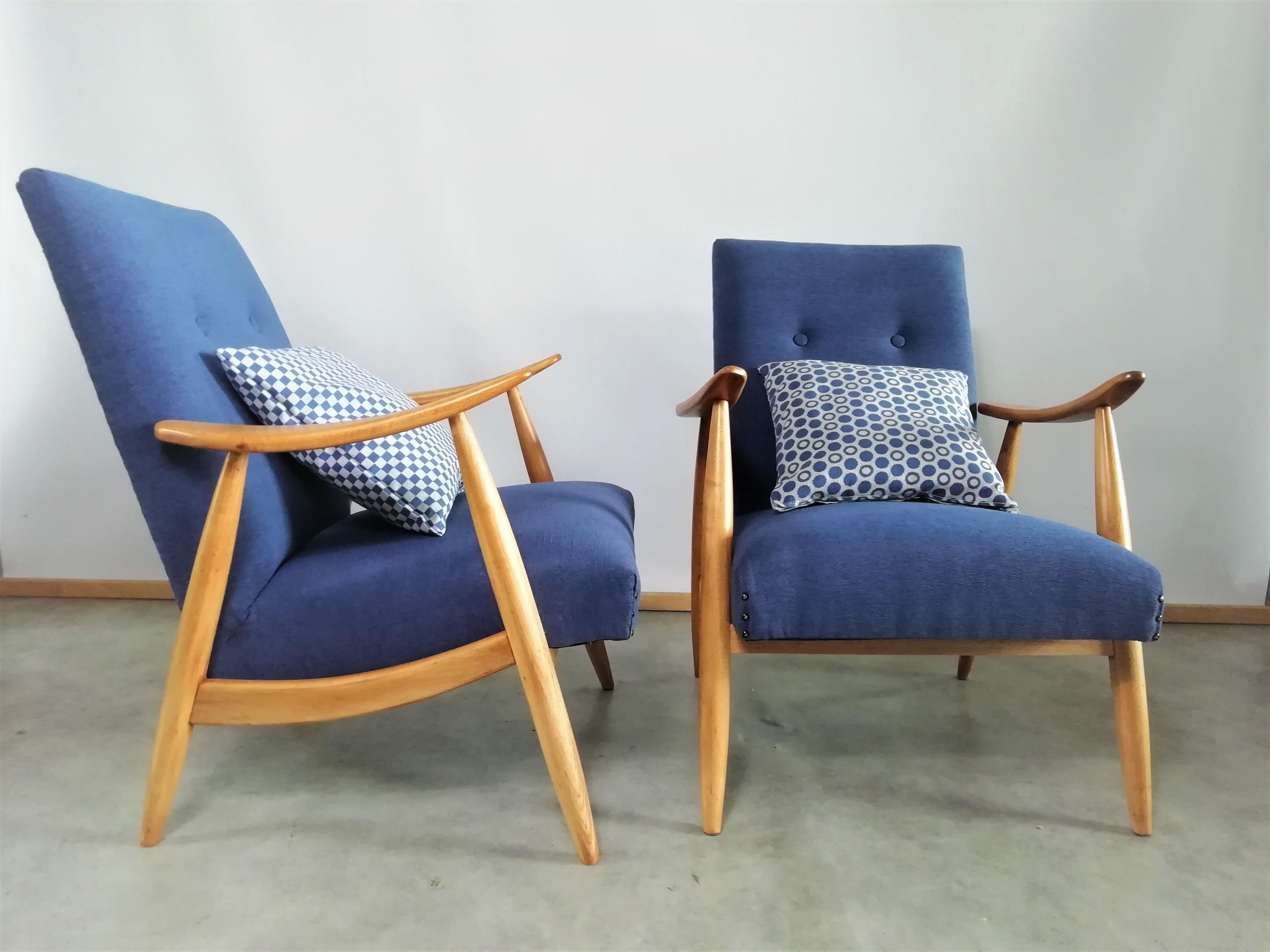 Chairs are reupholstered and restored. Scandinavian style of this pair of armchairs is very caracteristic for Dutch designer Louis van Teeffelen. We added two new cussons to the armchairs to make them even more comfortable. The price is for the set