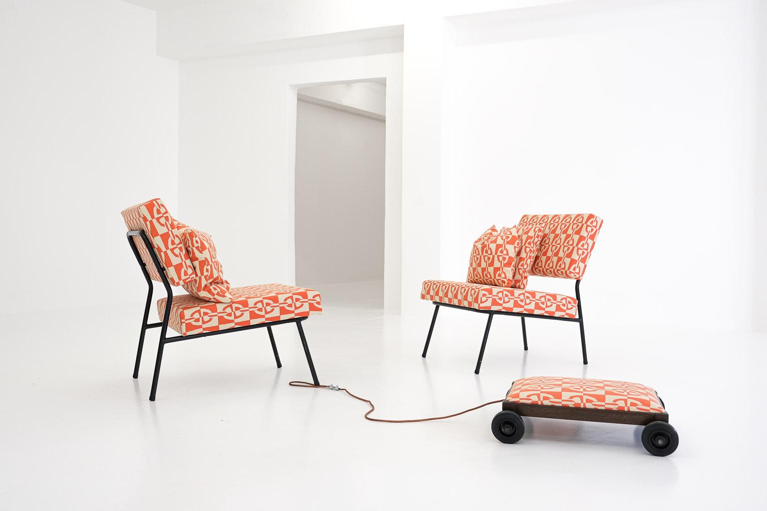 Mid-Century Modern Pair of Easy Chairs by Paul Geoffroy for Airborne, with Hermès Fabrics, 1950s For Sale
