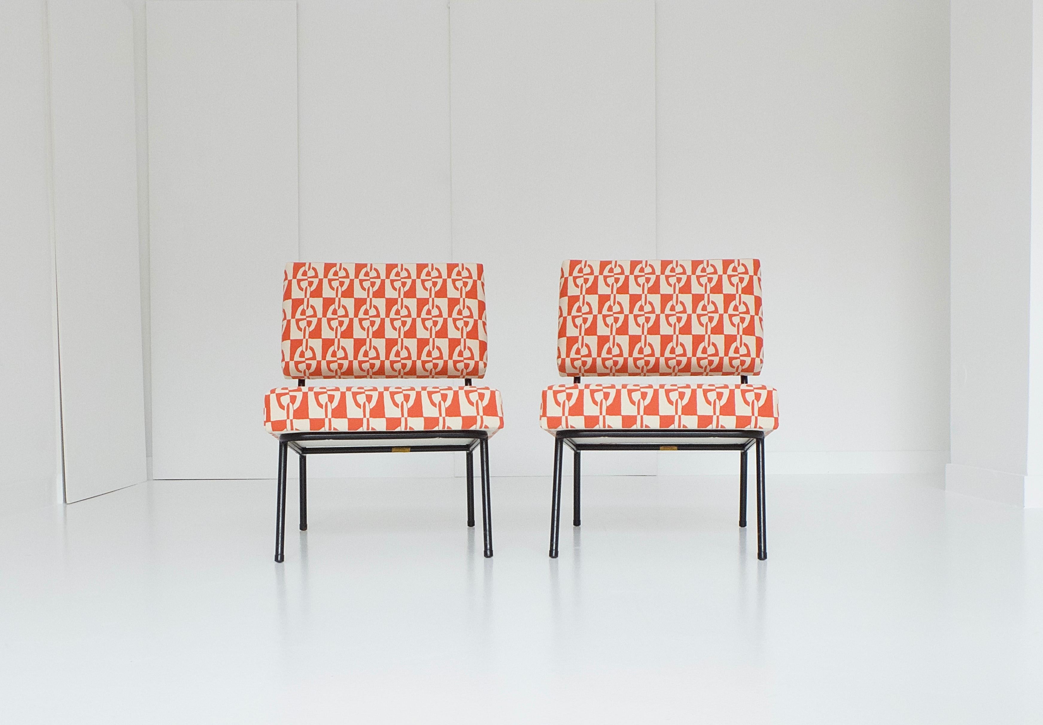 French Pair of Easy Chairs by Paul Geoffroy for Airborne, with Hermès Fabrics, 1950s