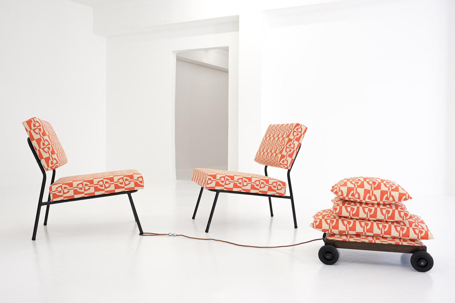 French Pair of Easy Chairs by Paul Geoffroy for Airborne, with Hermès Fabrics, 1950s For Sale