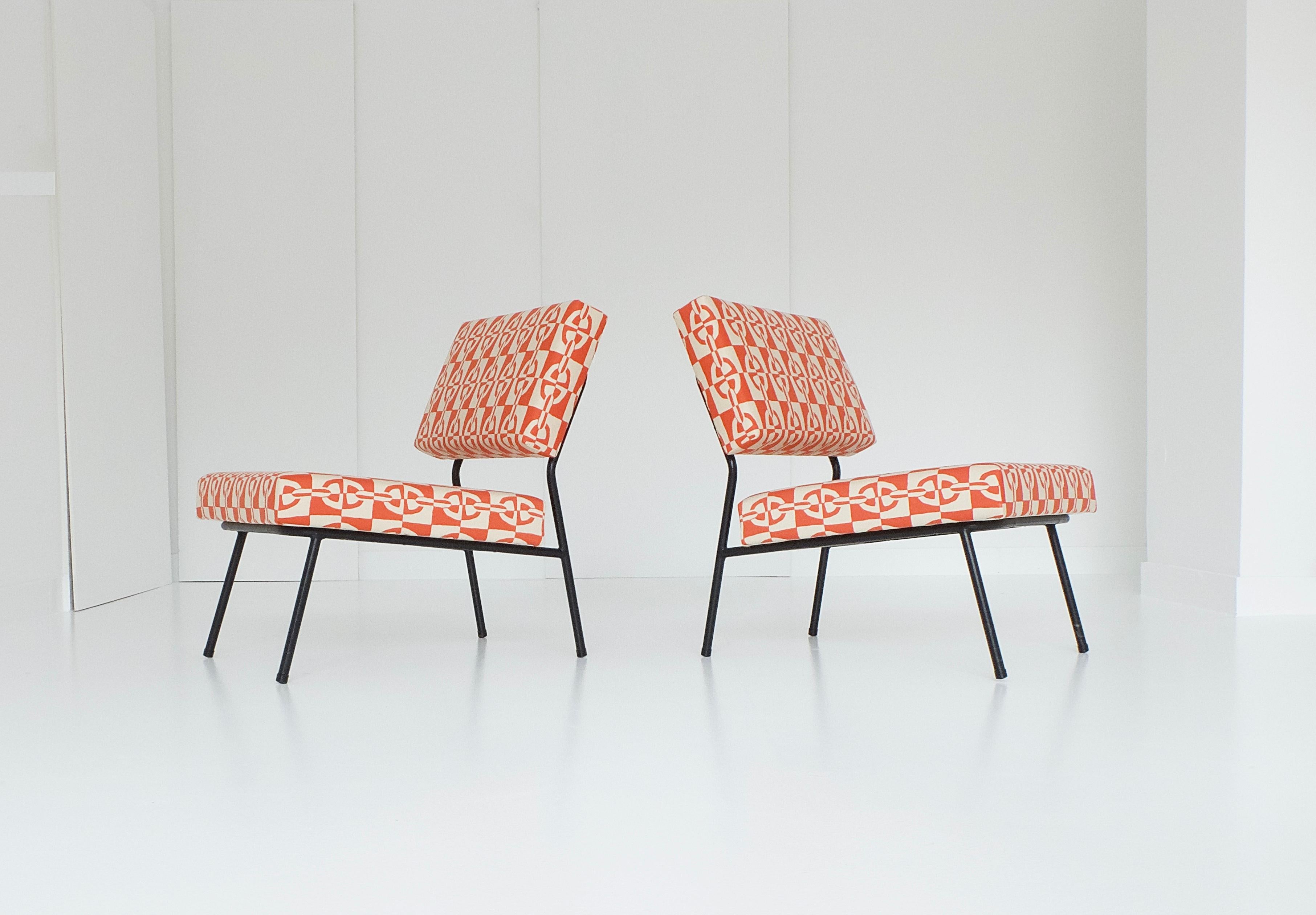 20th Century Pair of Easy Chairs by Paul Geoffroy for Airborne, with Hermès Fabrics, 1950s