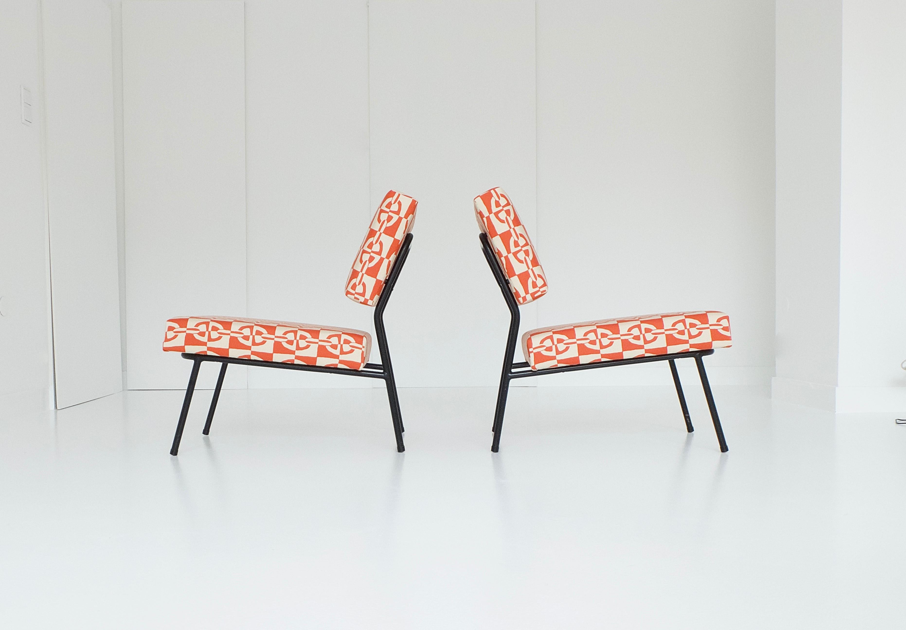 Metal Pair of Easy Chairs by Paul Geoffroy for Airborne, with Hermès Fabrics, 1950s