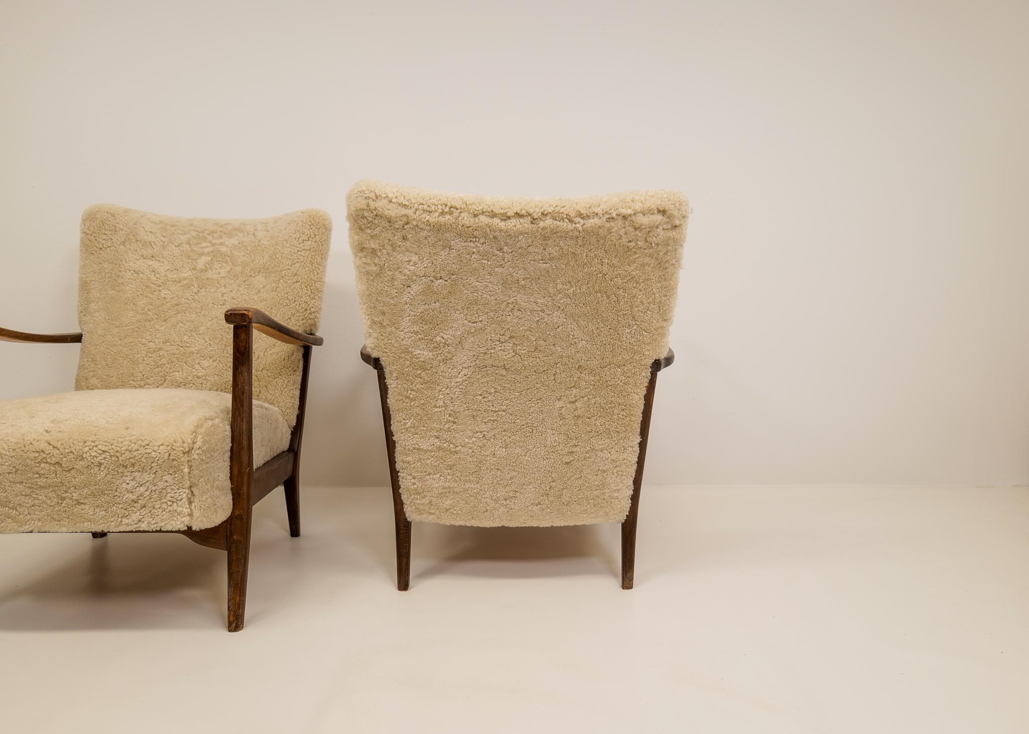 Pair of Easy Chairs DUX in Sheepskin, Sweden, 1950s 4